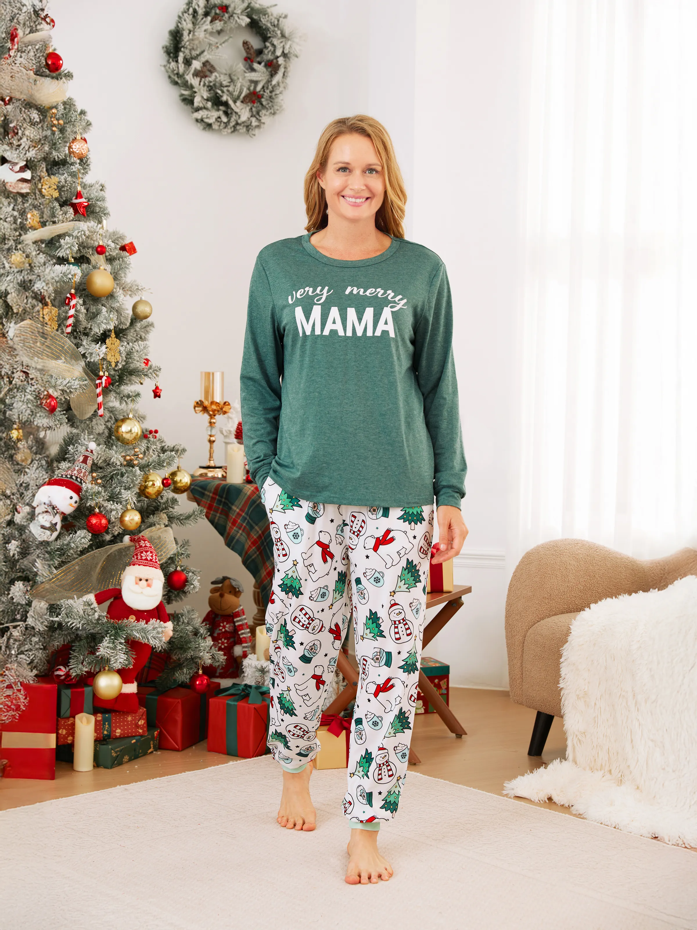 Christmas Family Matching Long Sleeves Very Merry Green Tops Allover Pattern Pants Pajamas Sets with Christmas Socks MediumSpringGreen - XNAUWBI