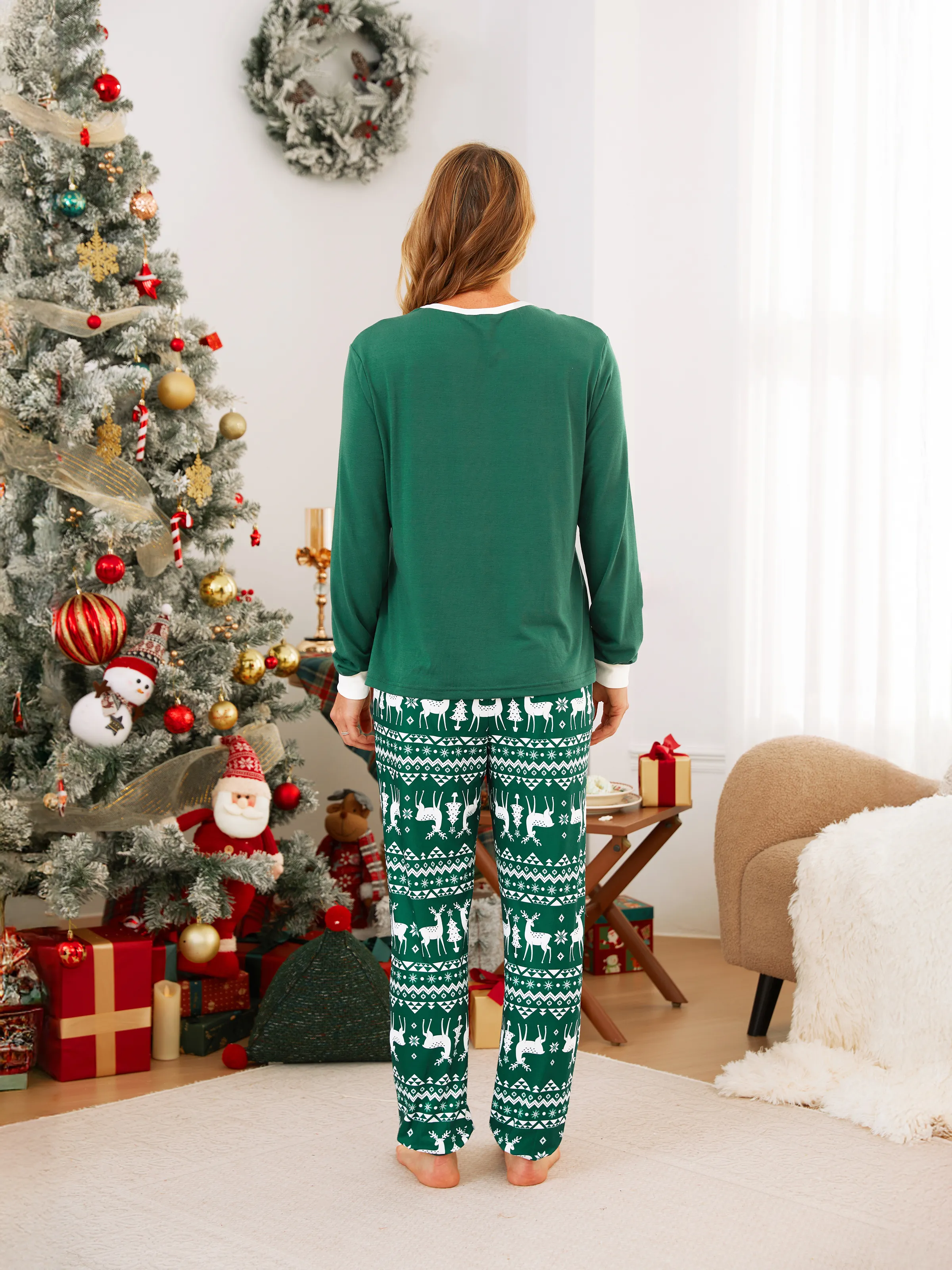 Christmas Family Matching Glow in the Dark Reindeer Tops Allover Pattern Pants Pajamas Sets with Christmas Socks blackishgreen - XNAUWBI