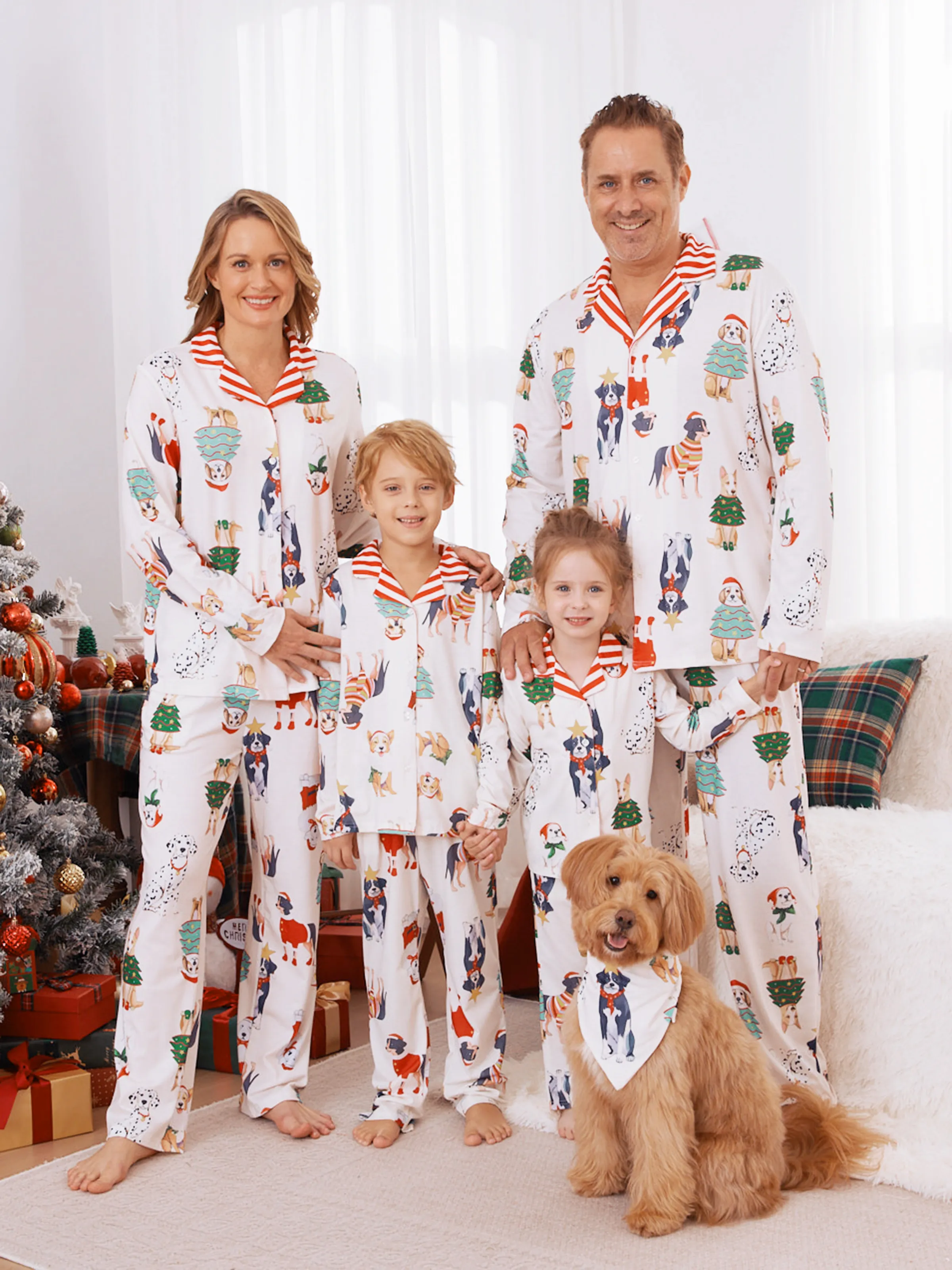 Christmas Pajamas Family Matching Cute Xmas Dog Collared Pajamas Sets with Christmas Socks LightApricot - XNAUWBI