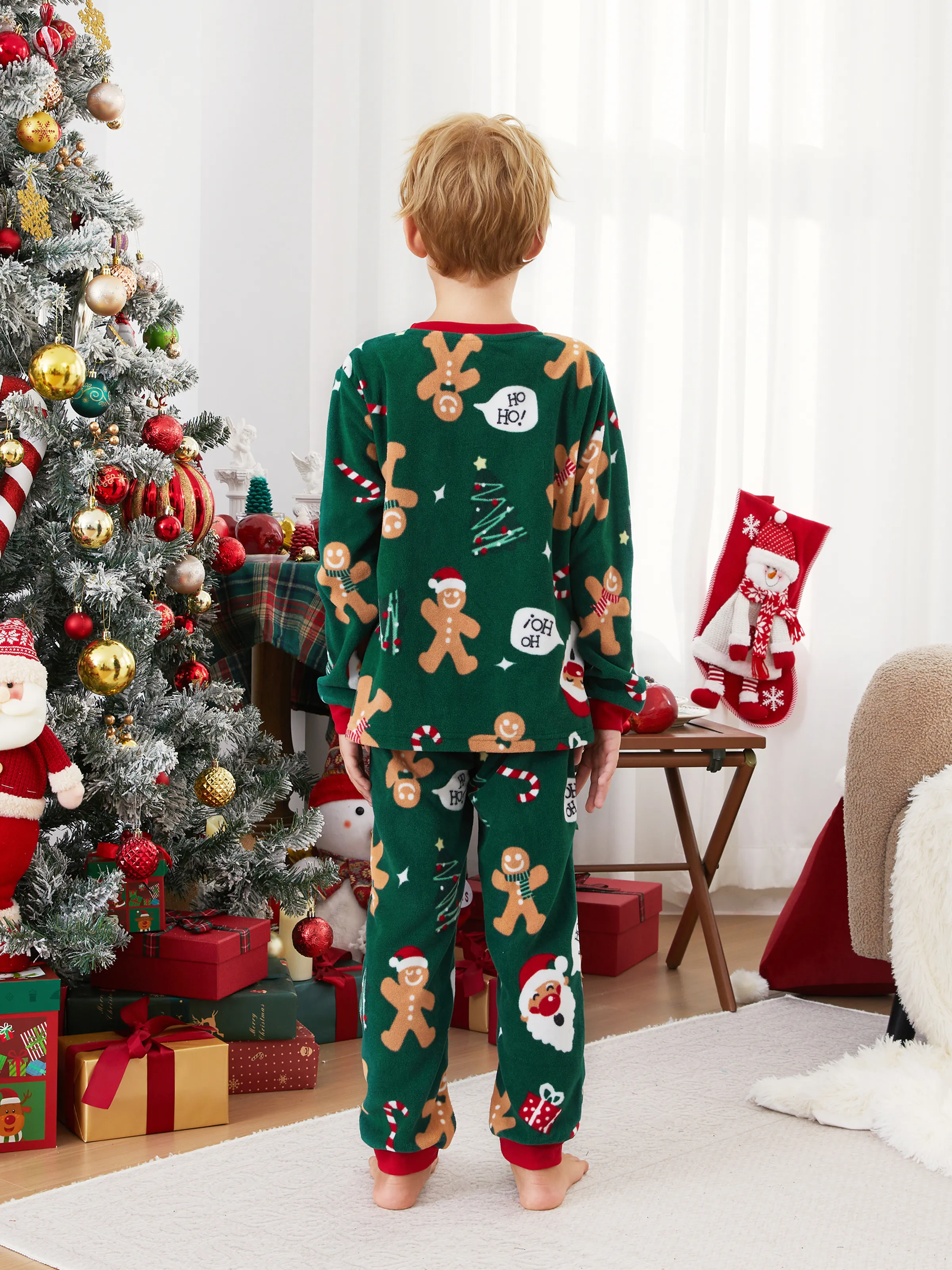 Christmas Pajamas Family Matching Fleece Gingerbread Man Long Sleeves Pajamas Sets with Christmas Socks Dark Green - XNAUWBI