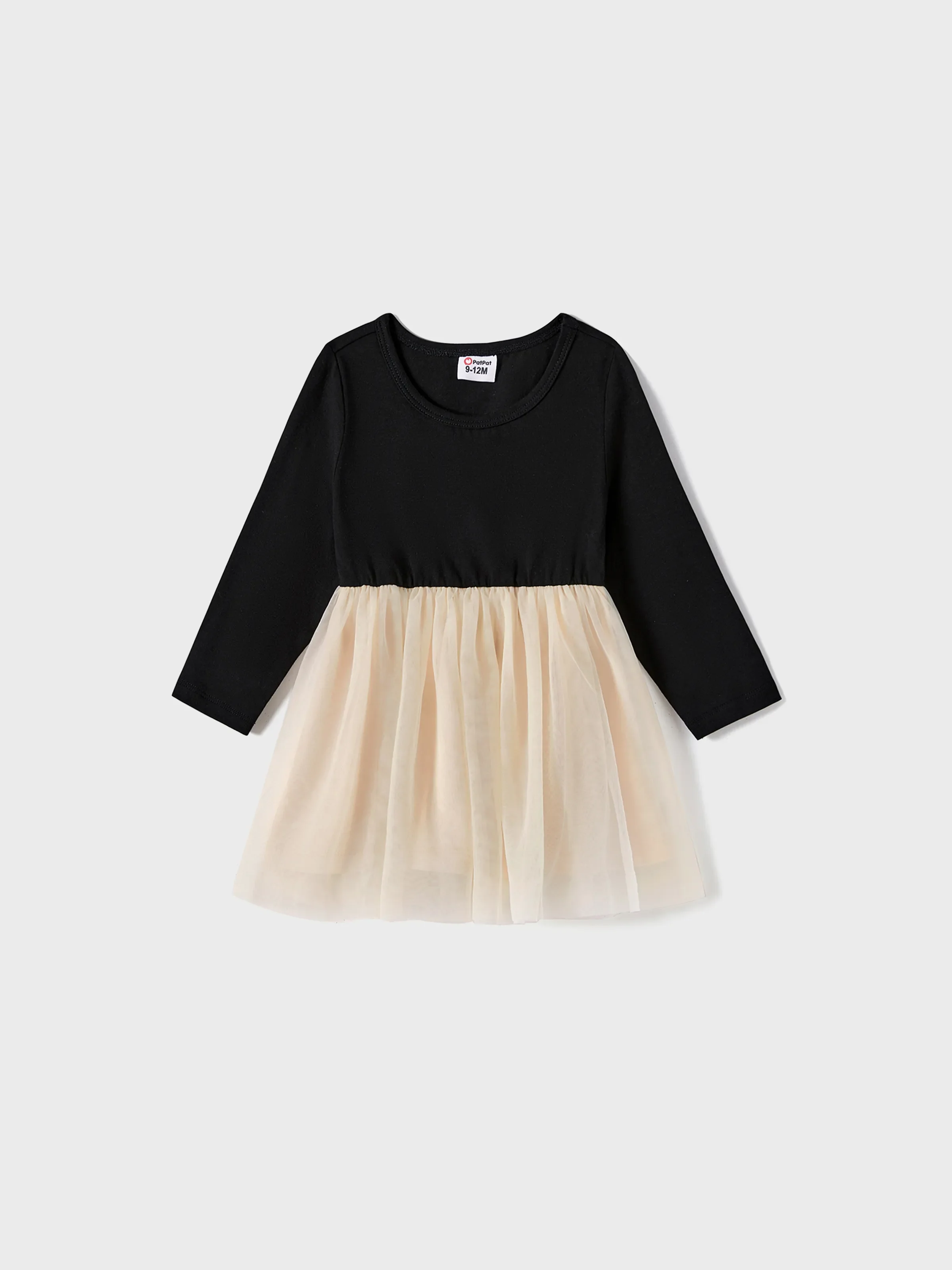Family Matching Black-Almond Mesh Skirt and Classic Round Neck Long Sleeve Tops Sets Black - XNAUWBI