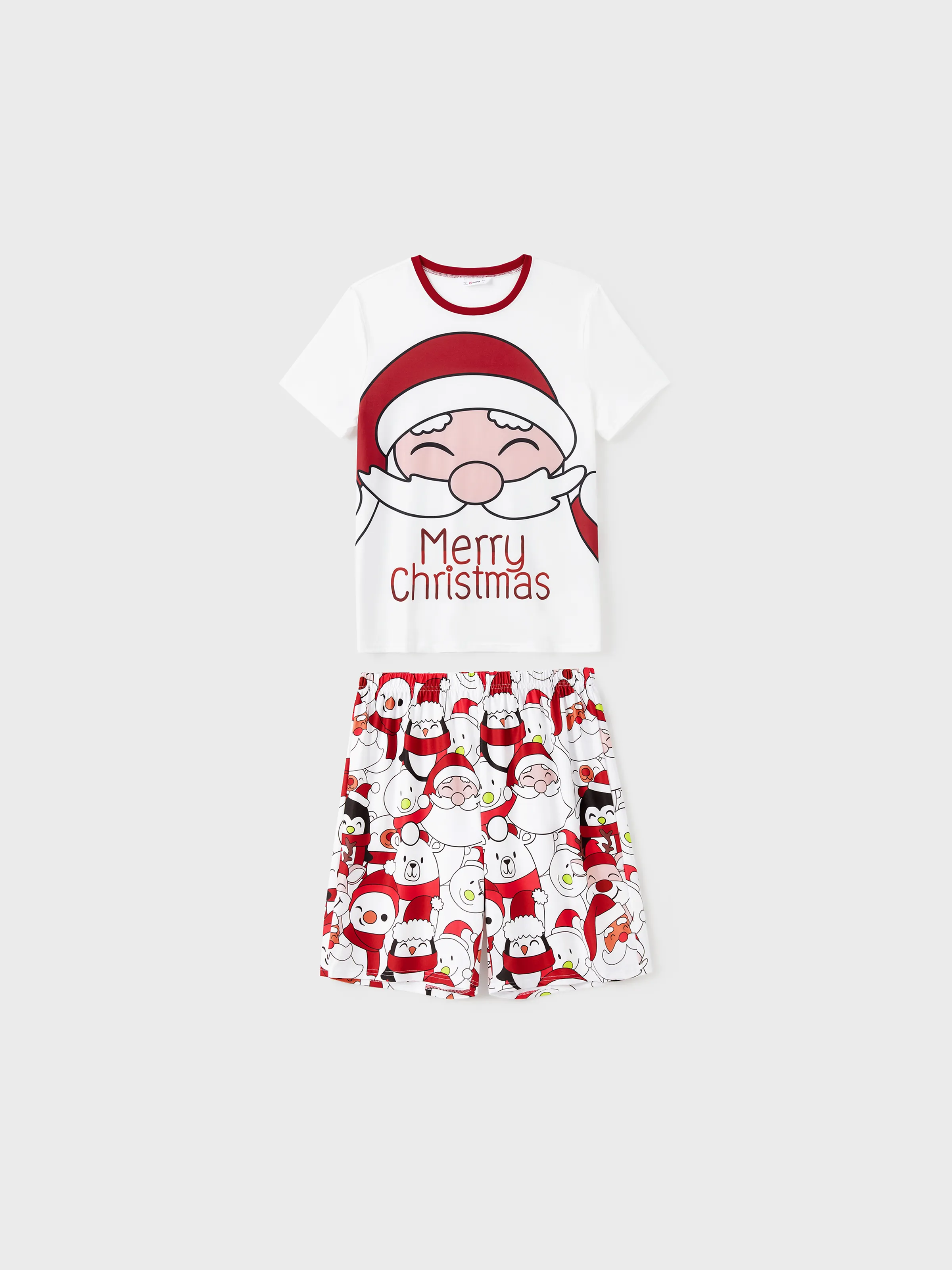 Christmas Santa and Snowman Print Family Matching Short-sleeve Tops and Shorts Pajamas Sets White - XNAUWBI