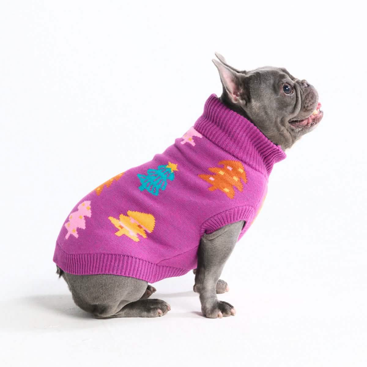 Christmas Knit Dog Sweater - Candy Trees Magenta - XNAUWBI