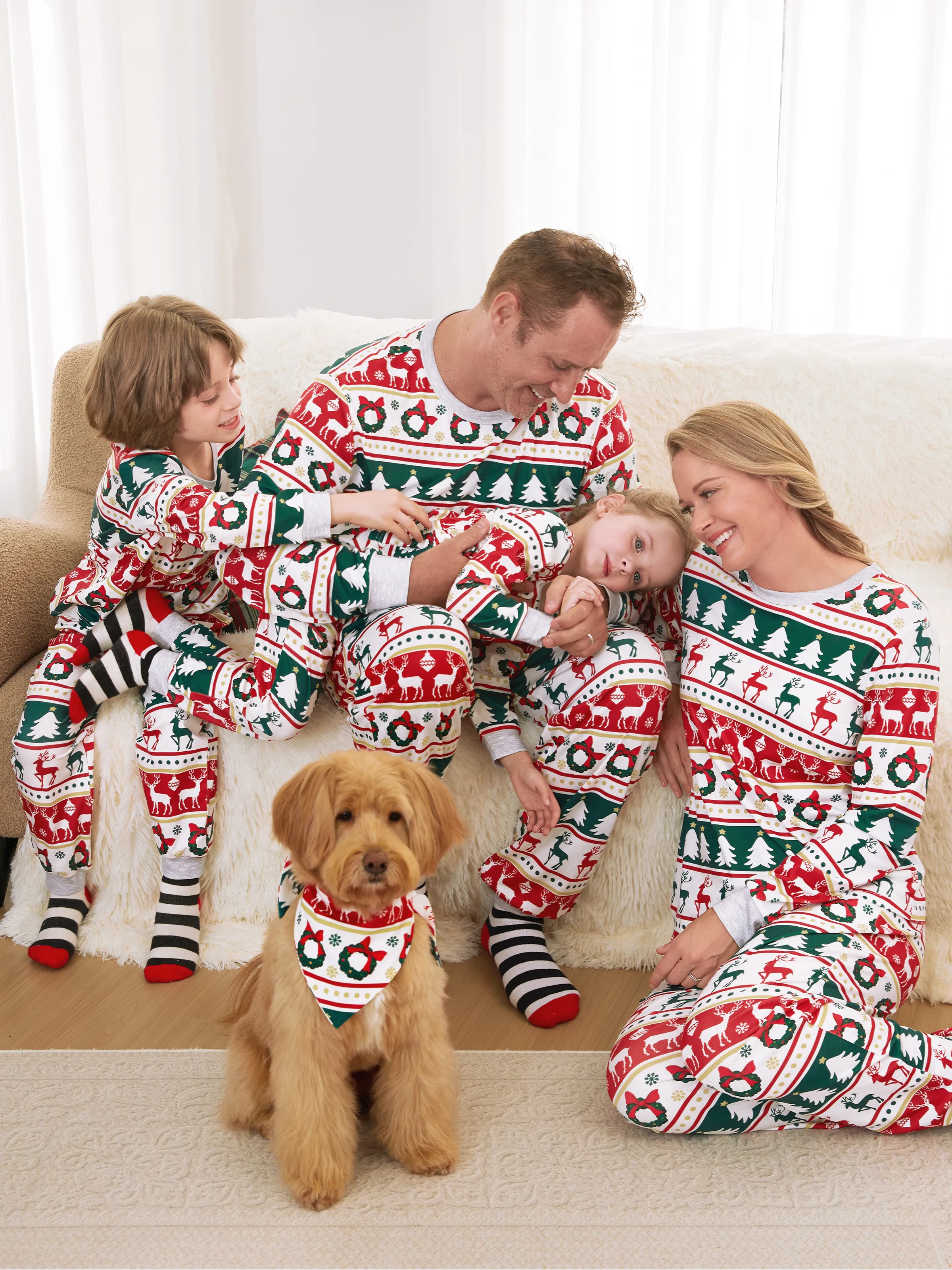 Christmas Pajamas Family Matching Allover Reindeer/Xmas Tree Pattern PJs Sets with Christmas Socks ColorBlock - XNAUWBI