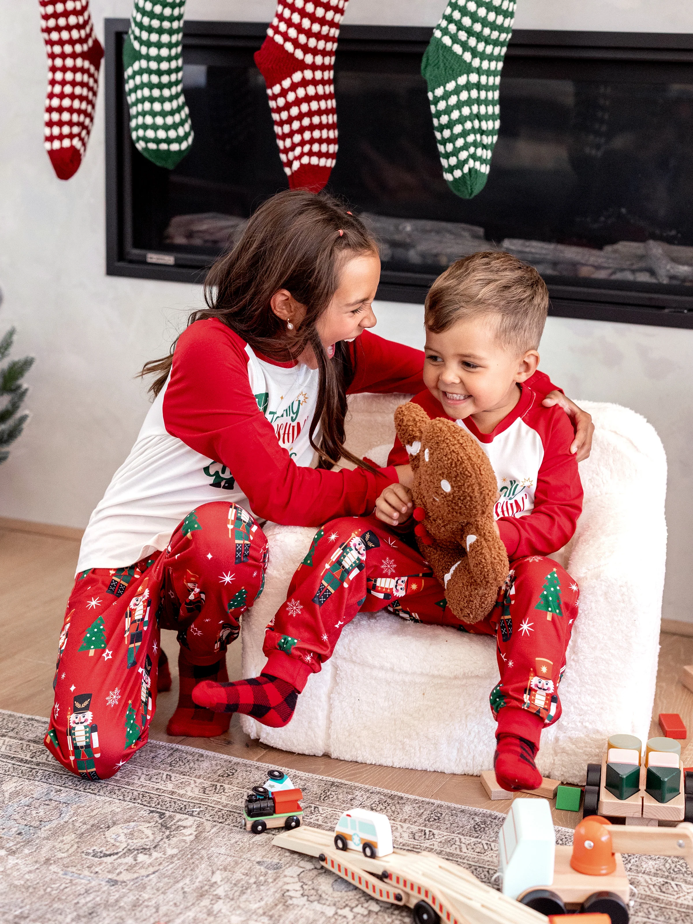 Christmas Matching Family Pajamas Set Nutcracker Print PJS with Christmas Socks Red - XNAUWBI
