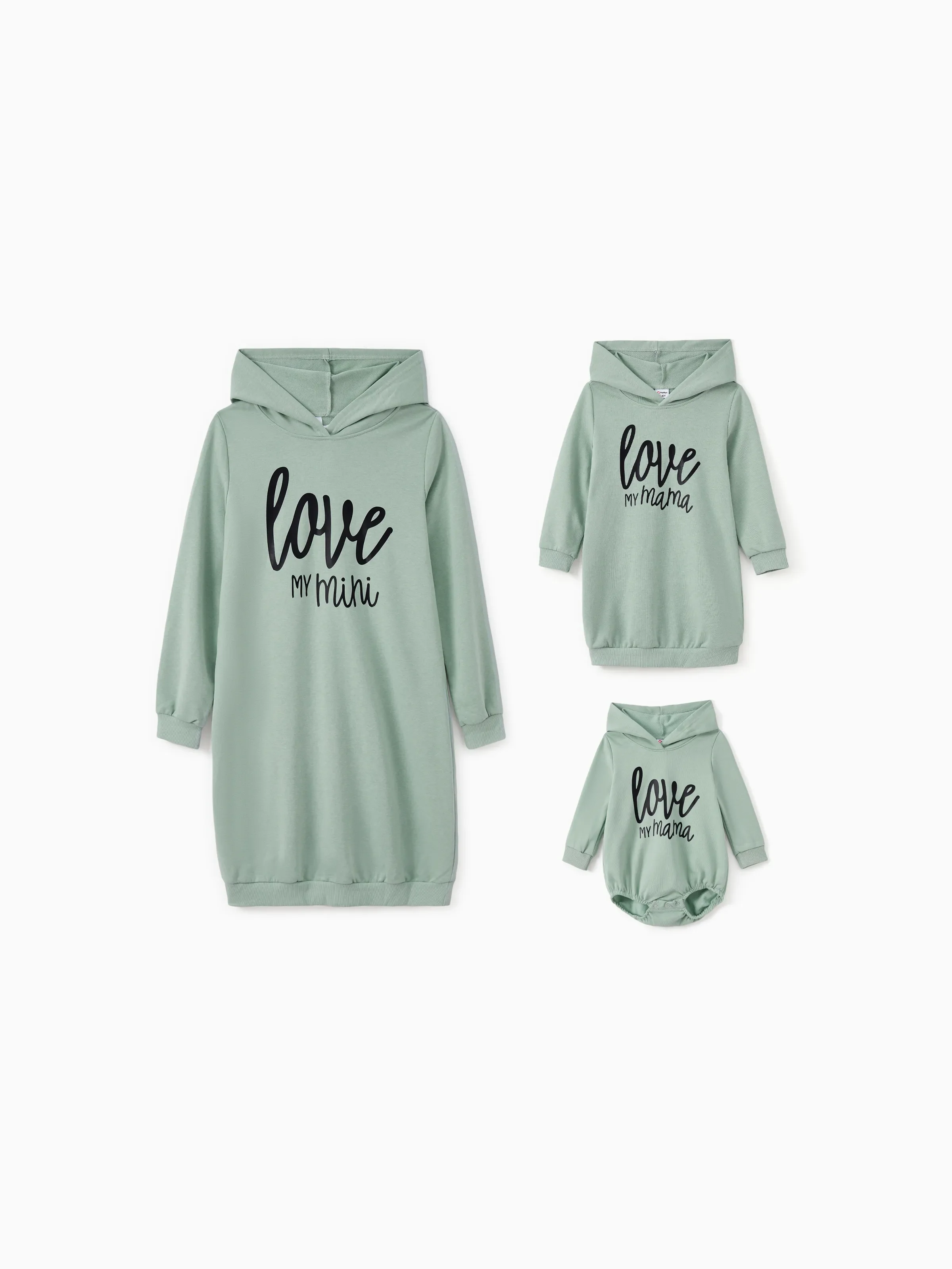 Mommy and Me Letter Print Green Long-sleeve Hoodie Dresses Light Green - XNAUWBI