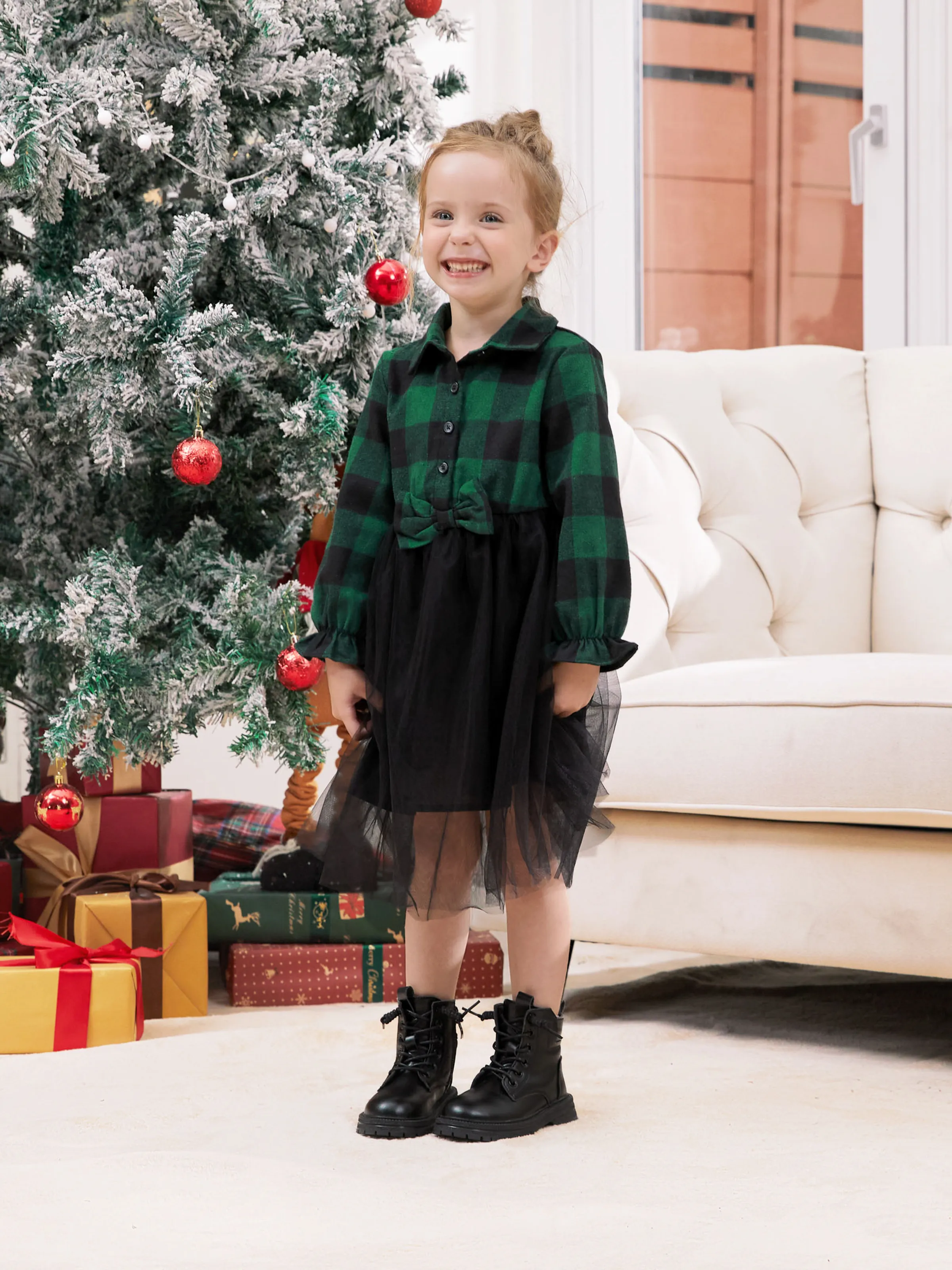Family Matching Sets Green Plaid Long Sleeves Shirt or Tulle Mesh Dress DarkGreen - XNAUWBI