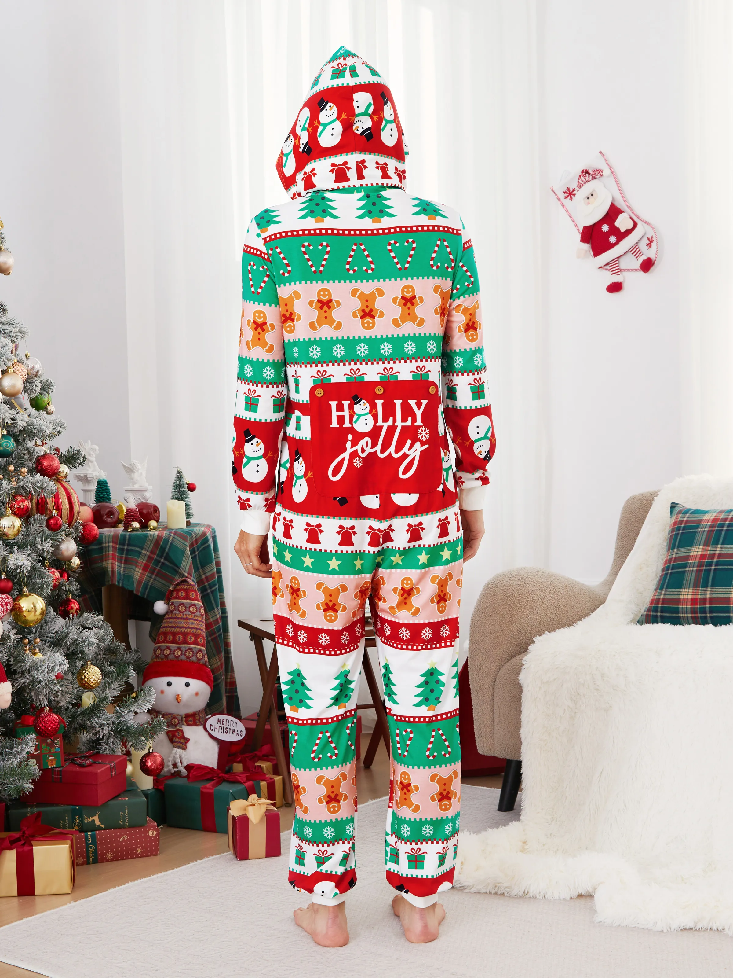 Onesies Pajamas Matching Christmas Outfits Allover Pattern Zipper Front Holly Jolly Print with Christmas Socks Back MultiColour - XNAUWBI