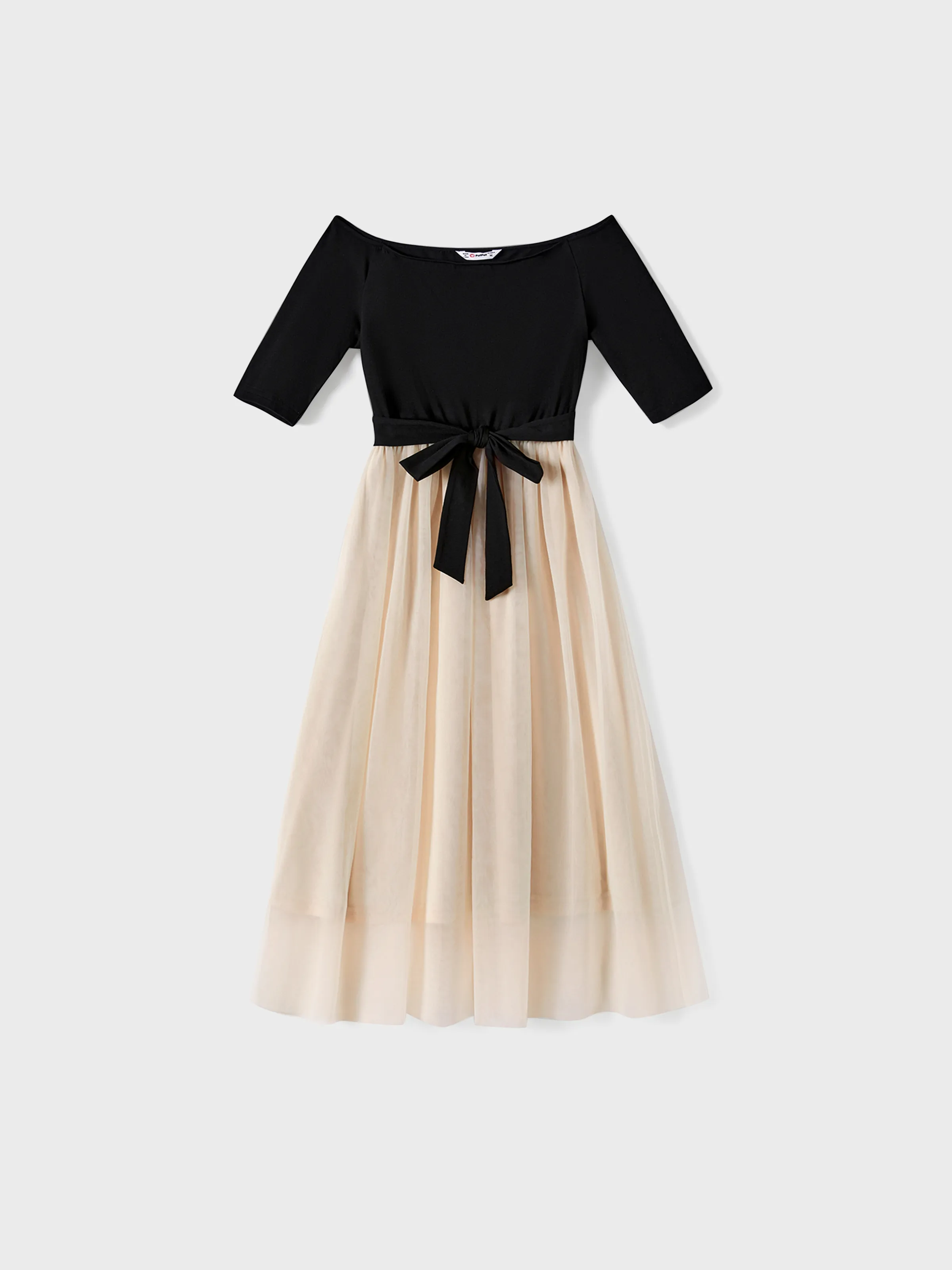 Family Matching Black-Almond Mesh Skirt and Classic Round Neck Long Sleeve Tops Sets Black - XNAUWBI