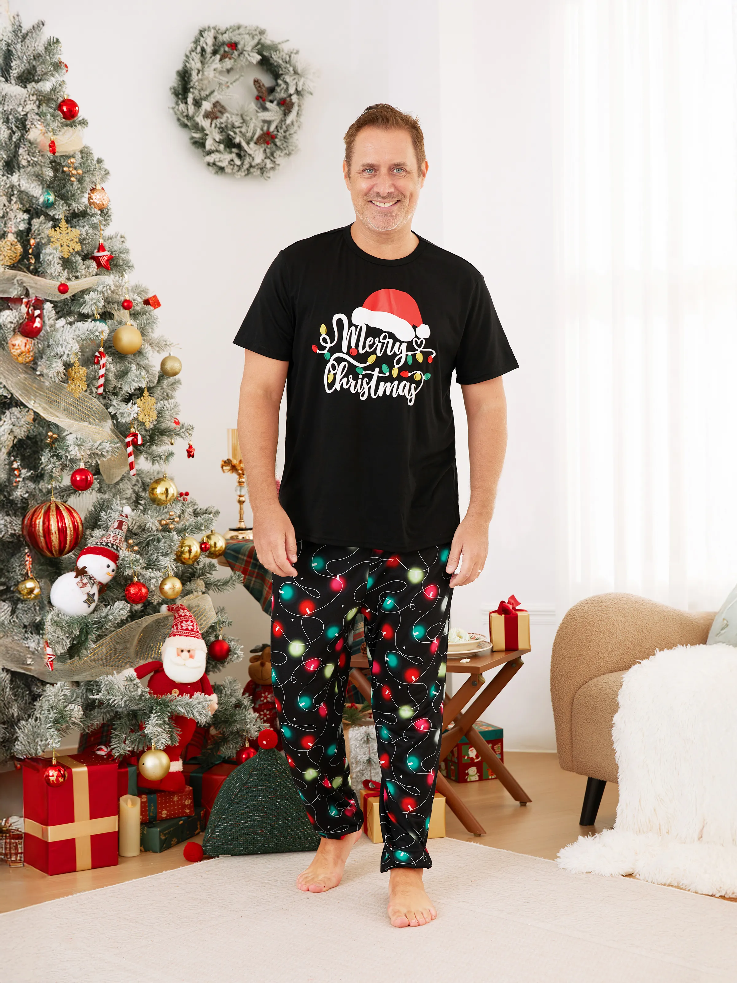 Christmas Family Matching Letters&Festive light bulb Print Short-sleeve Pajamas Sets Black - XNAUWBI