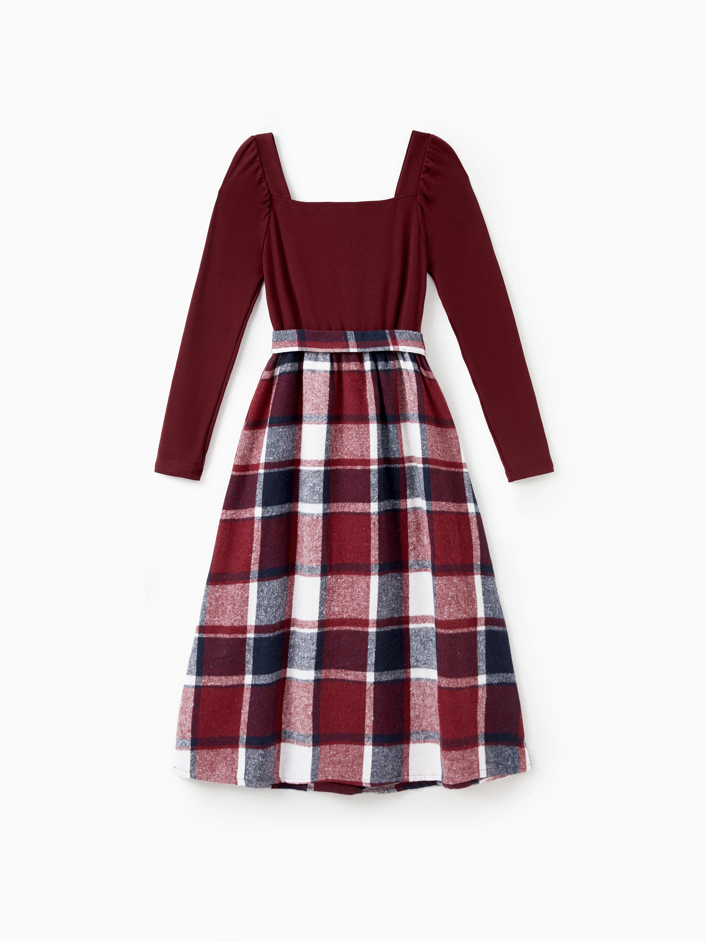 Family Matching Casual Long Sleeve Plaid Design Shirts and Knit Splicing Belted Dresses Sets WineRed - XNAUWBI