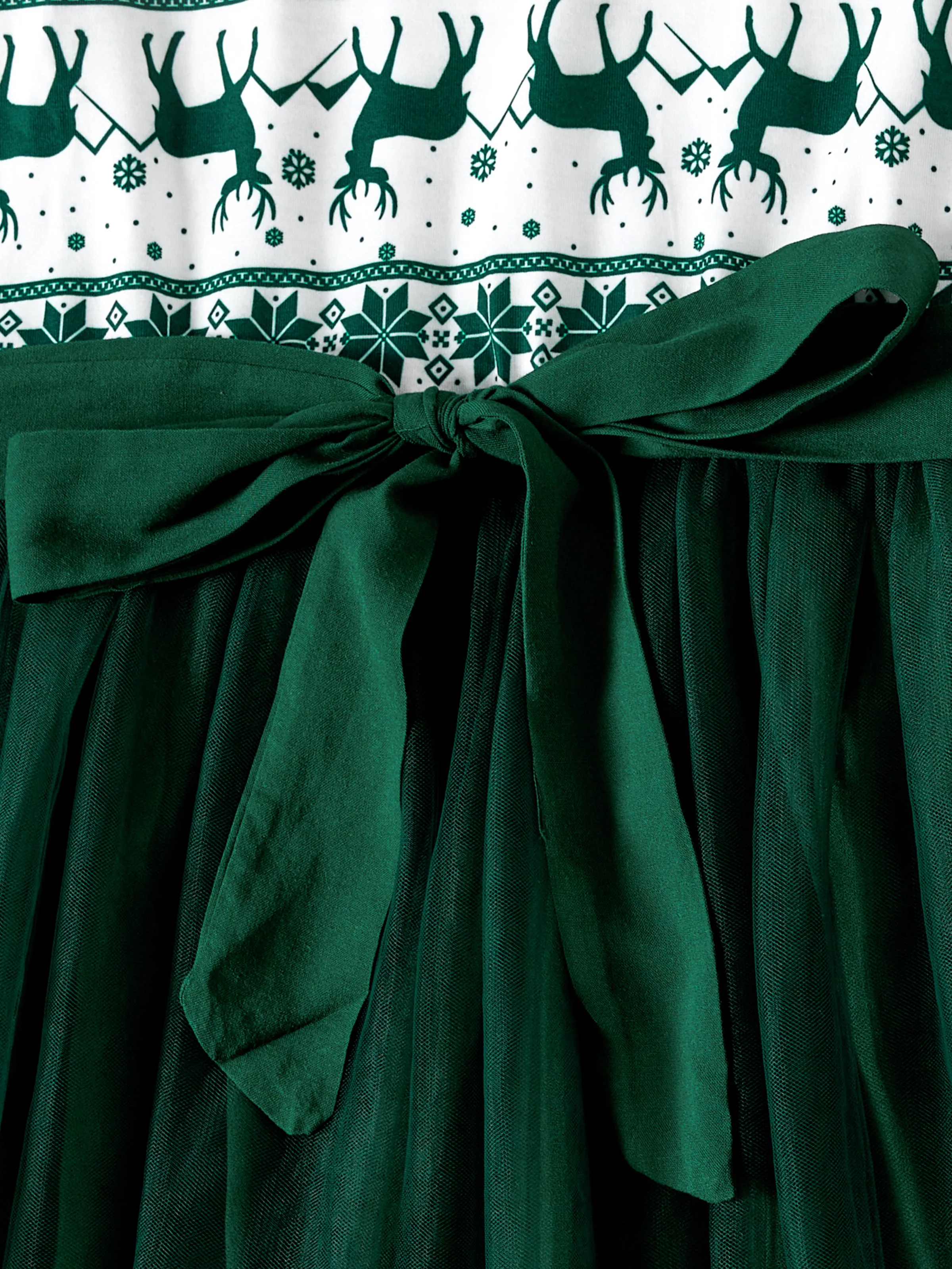 Christmas Family Matching Green Festival Theme Print Tops and Mesh Splicing Dresses Sets Green - XNAUWBI