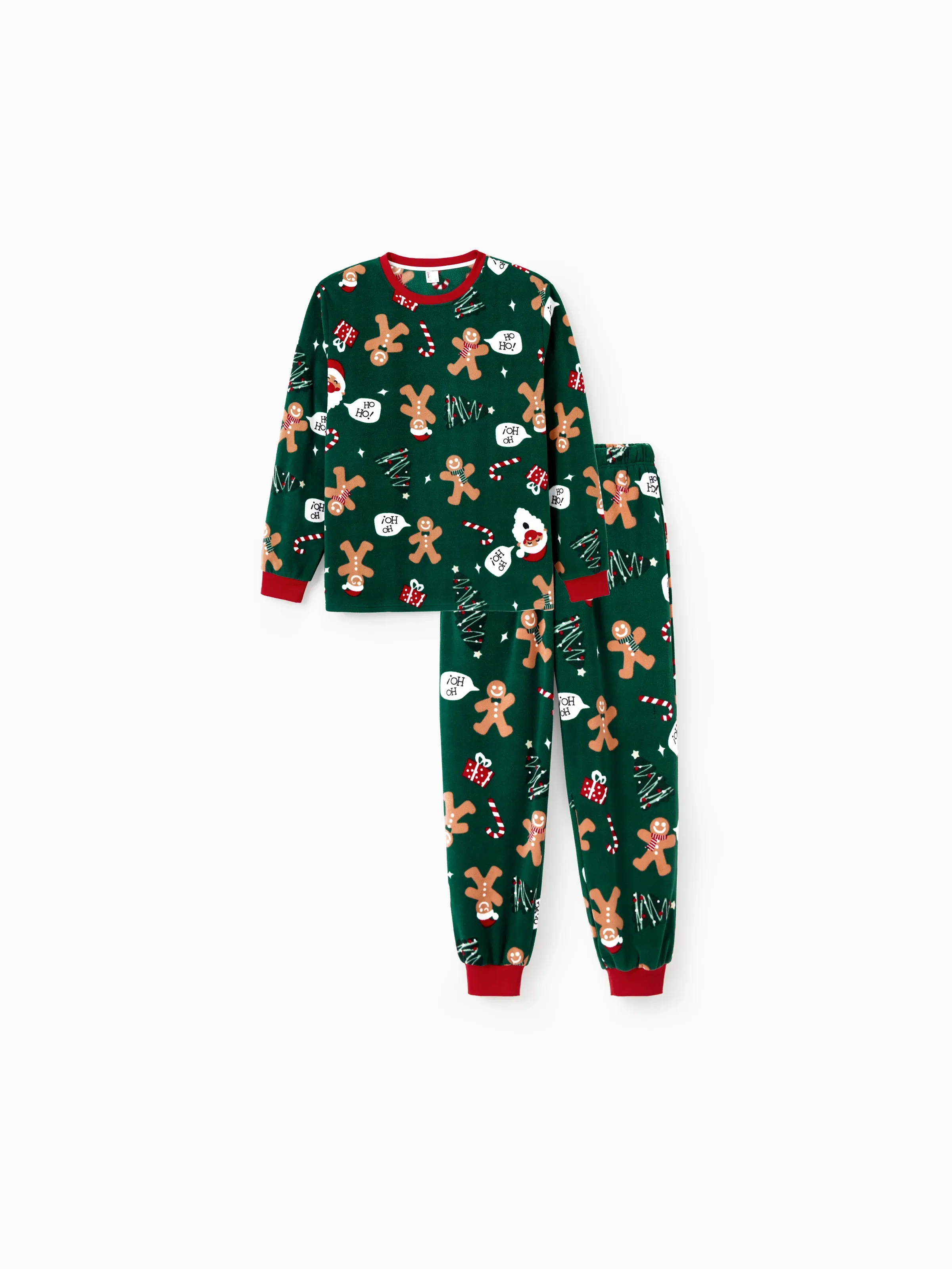 Christmas Pajamas Family Matching Fleece Gingerbread Man Long Sleeves Pajamas Sets with Christmas Socks Dark Green - XNAUWBI