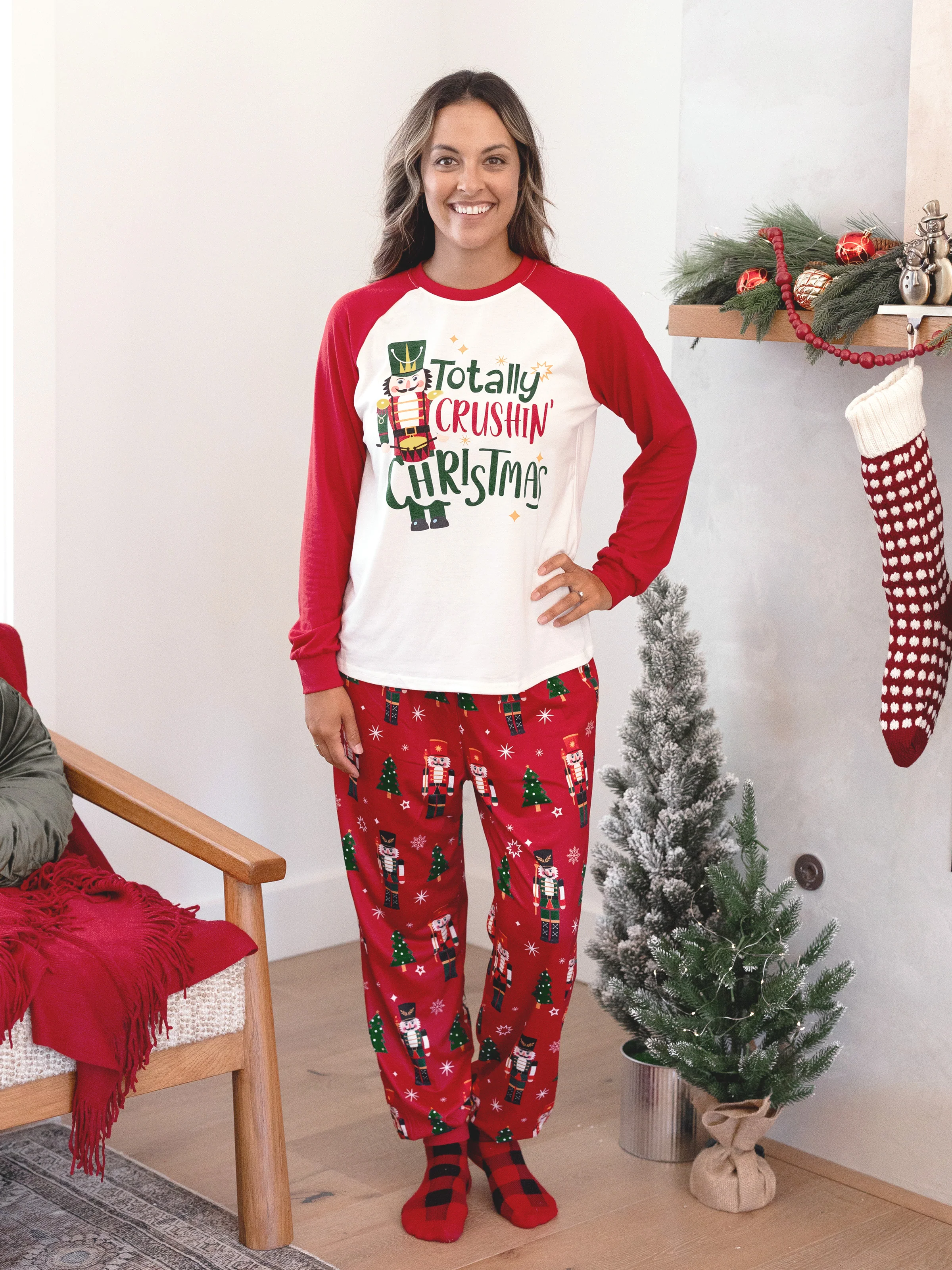 Christmas Matching Family Pajamas Set Nutcracker Print PJS with Christmas Socks Red - XNAUWBI