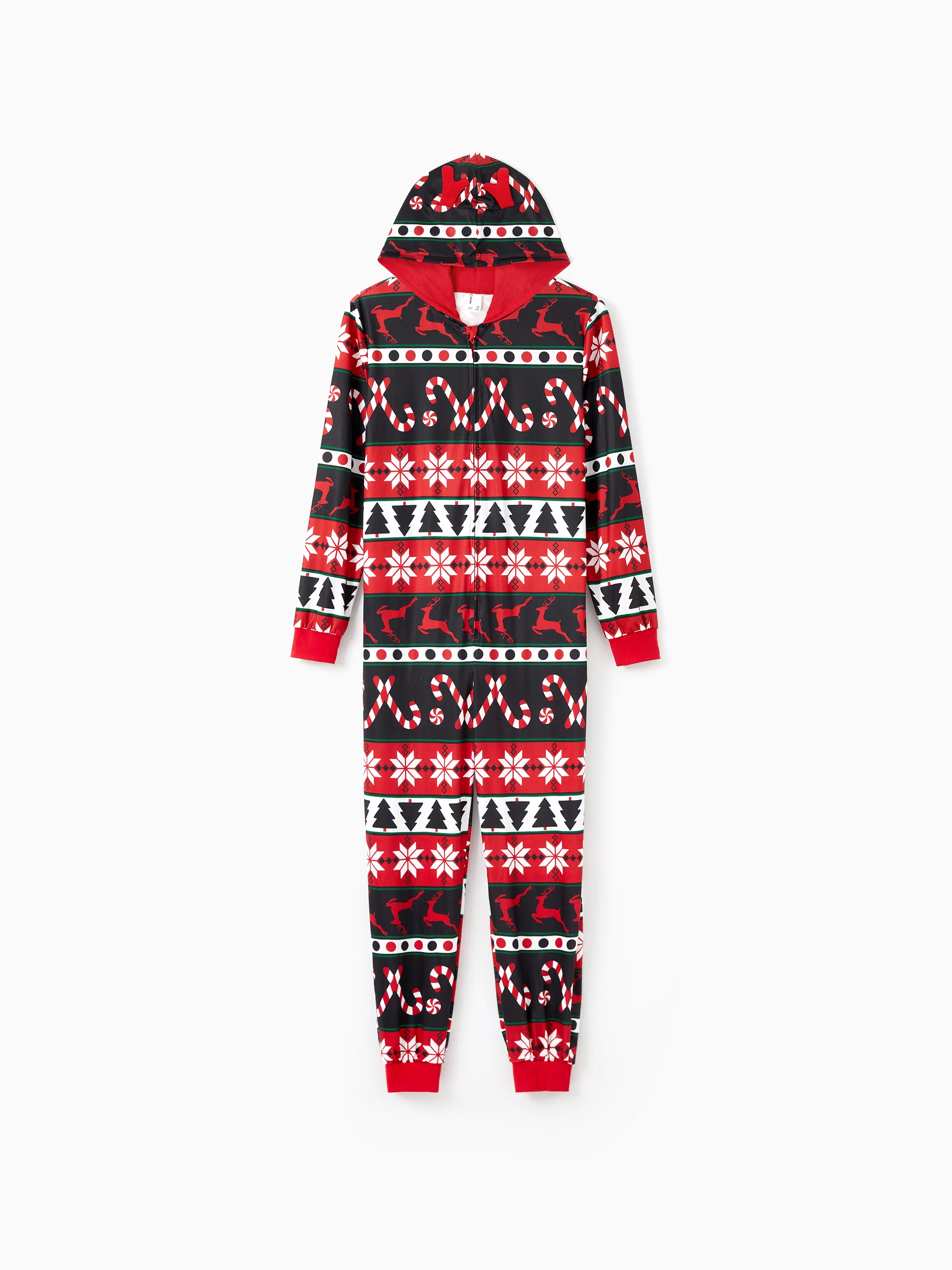 Christmas Pajamas 3D Reindeer Pattern Zipper Hooded Onesies Matching Family Outfits red/black - XNAUWBI