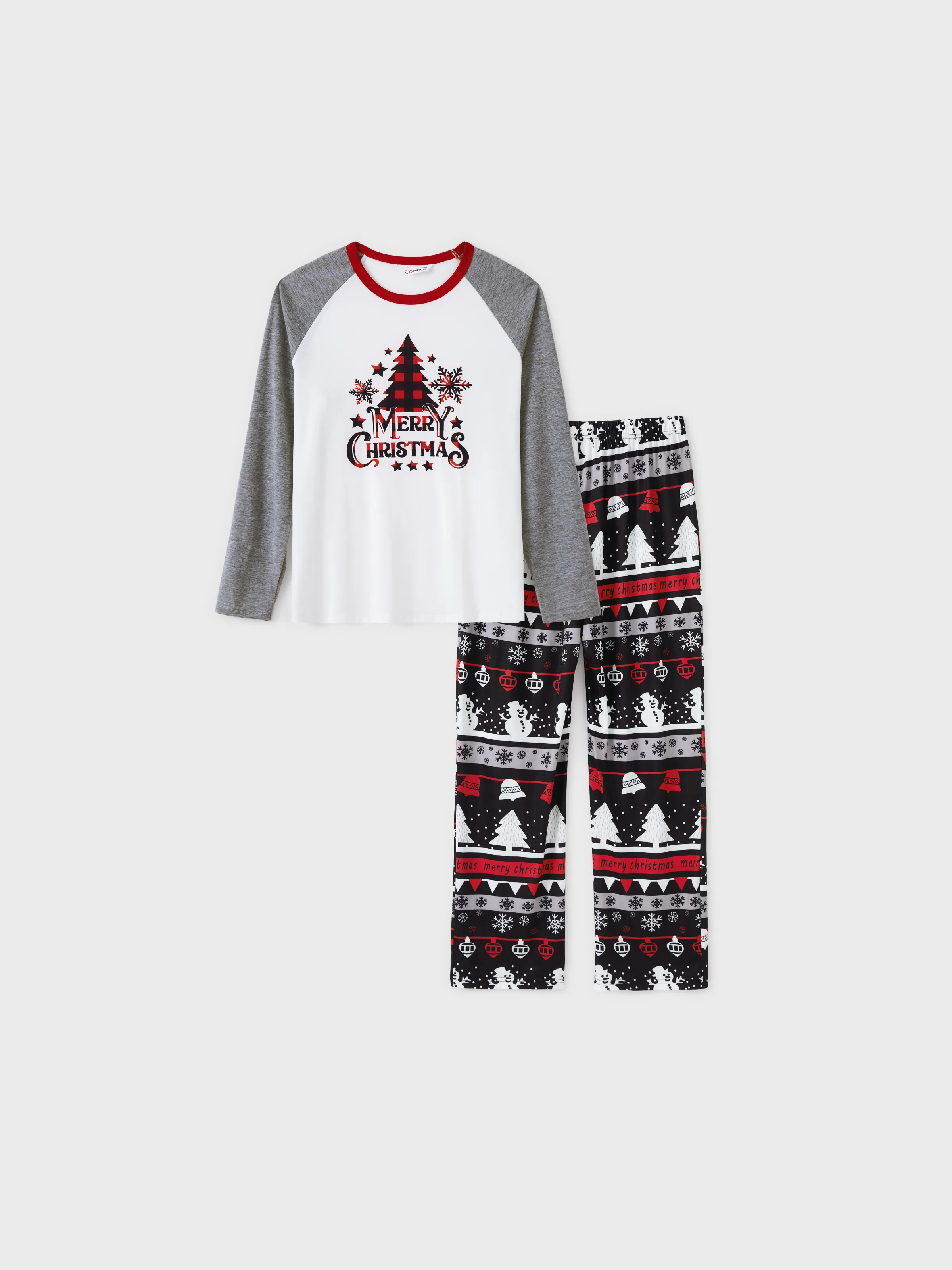 Christmas Tree Snowflake and Letters Print Grey Family Matching Long-sleeve Pajamas Sets with Christmas Socks Grey - XNAUWBI