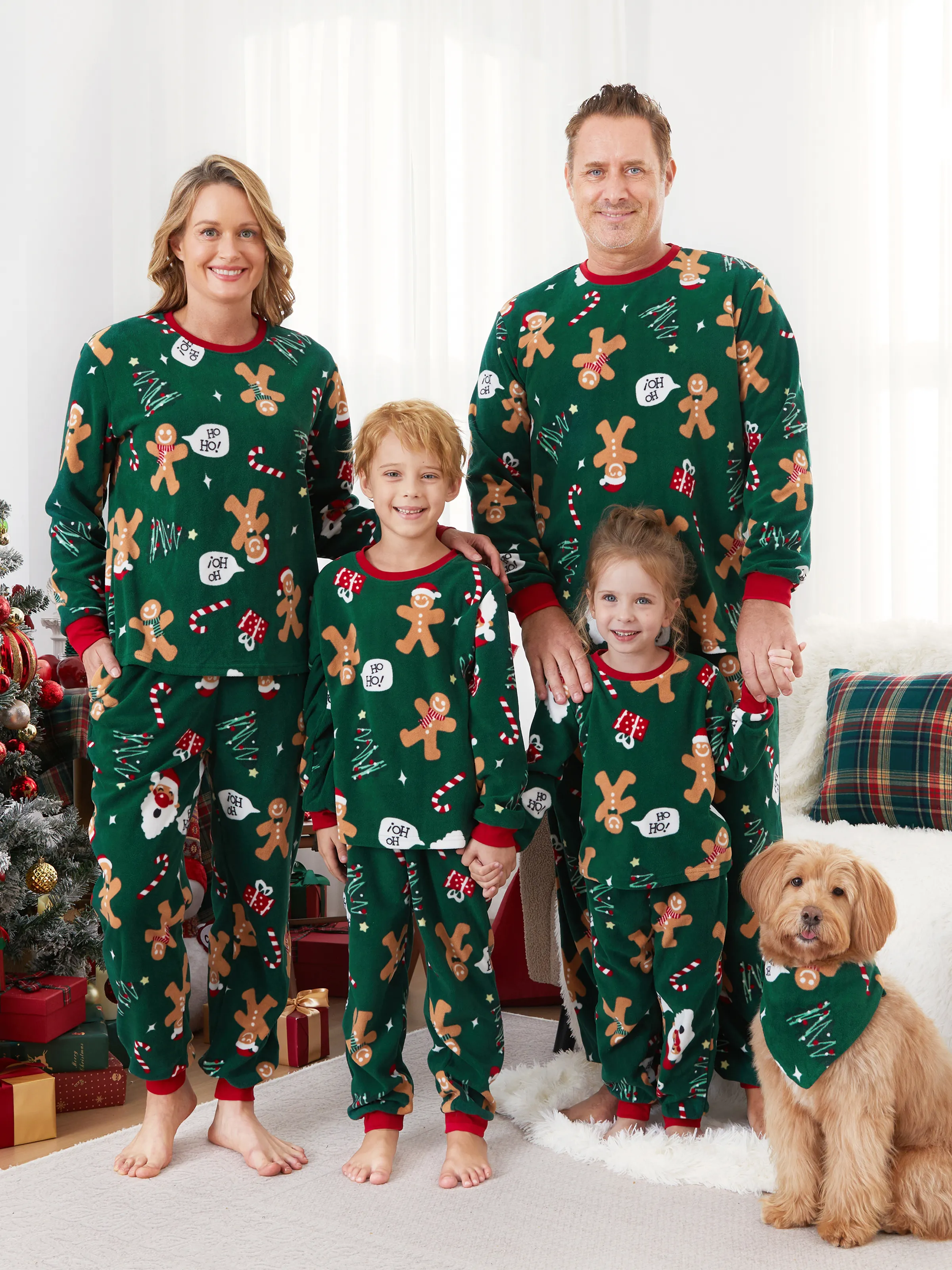 Christmas Pajamas Family Matching Fleece Gingerbread Man Long Sleeves Pajamas Sets with Christmas Socks Dark Green - XNAUWBI