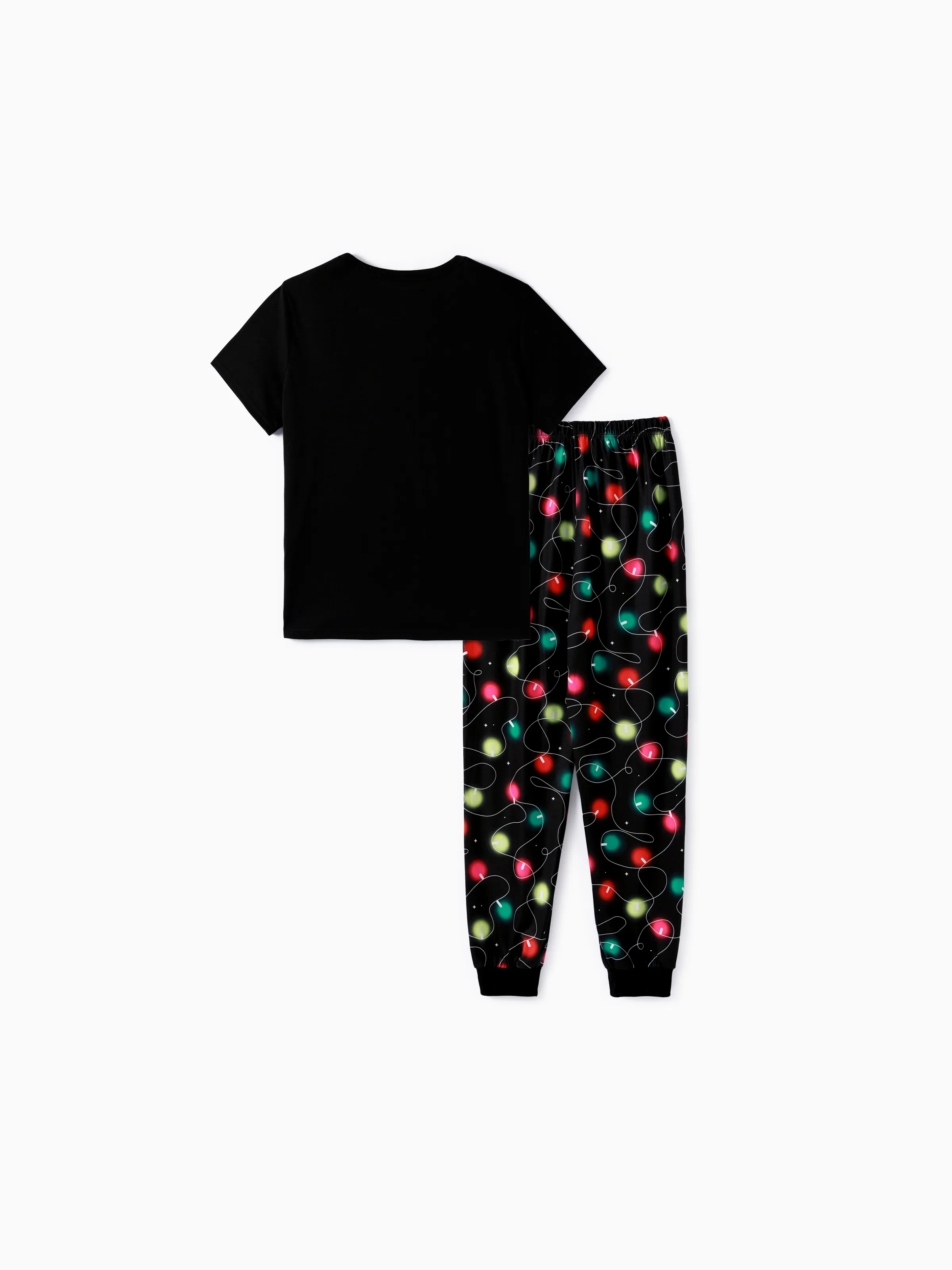 Christmas Family Matching Letters&Festive light bulb Print Short-sleeve Pajamas Sets Black - XNAUWBI