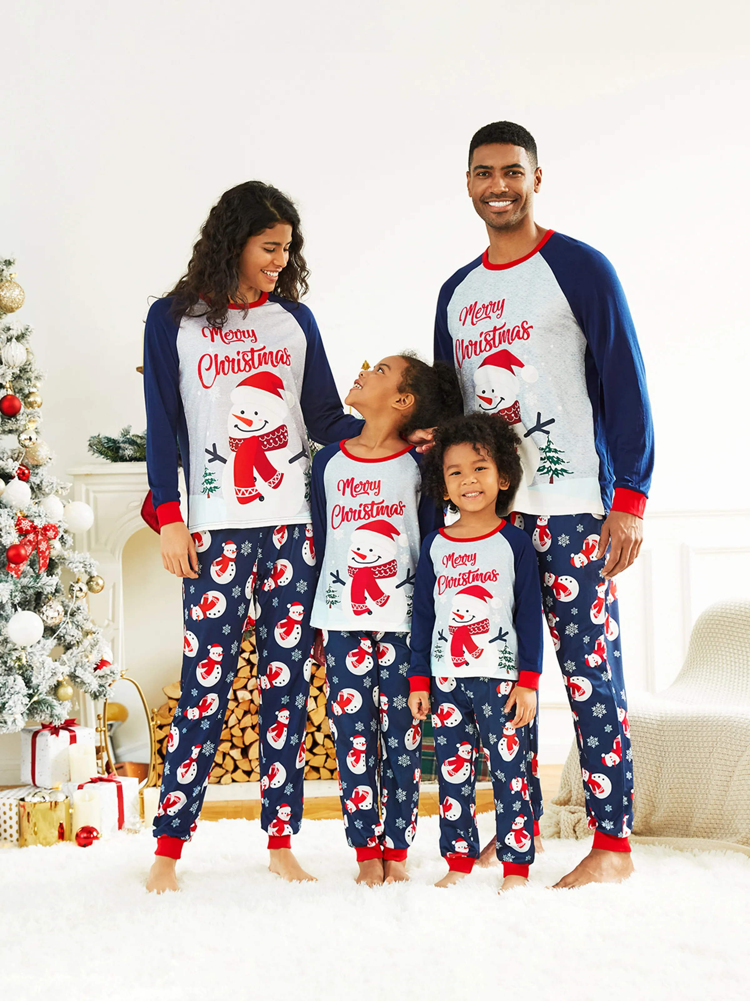 Christmas Snowman & Letter Print Family Matching Raglan-sleeve Pajamas Sets with Christmas Socks ColorBlock - XNAUWBI
