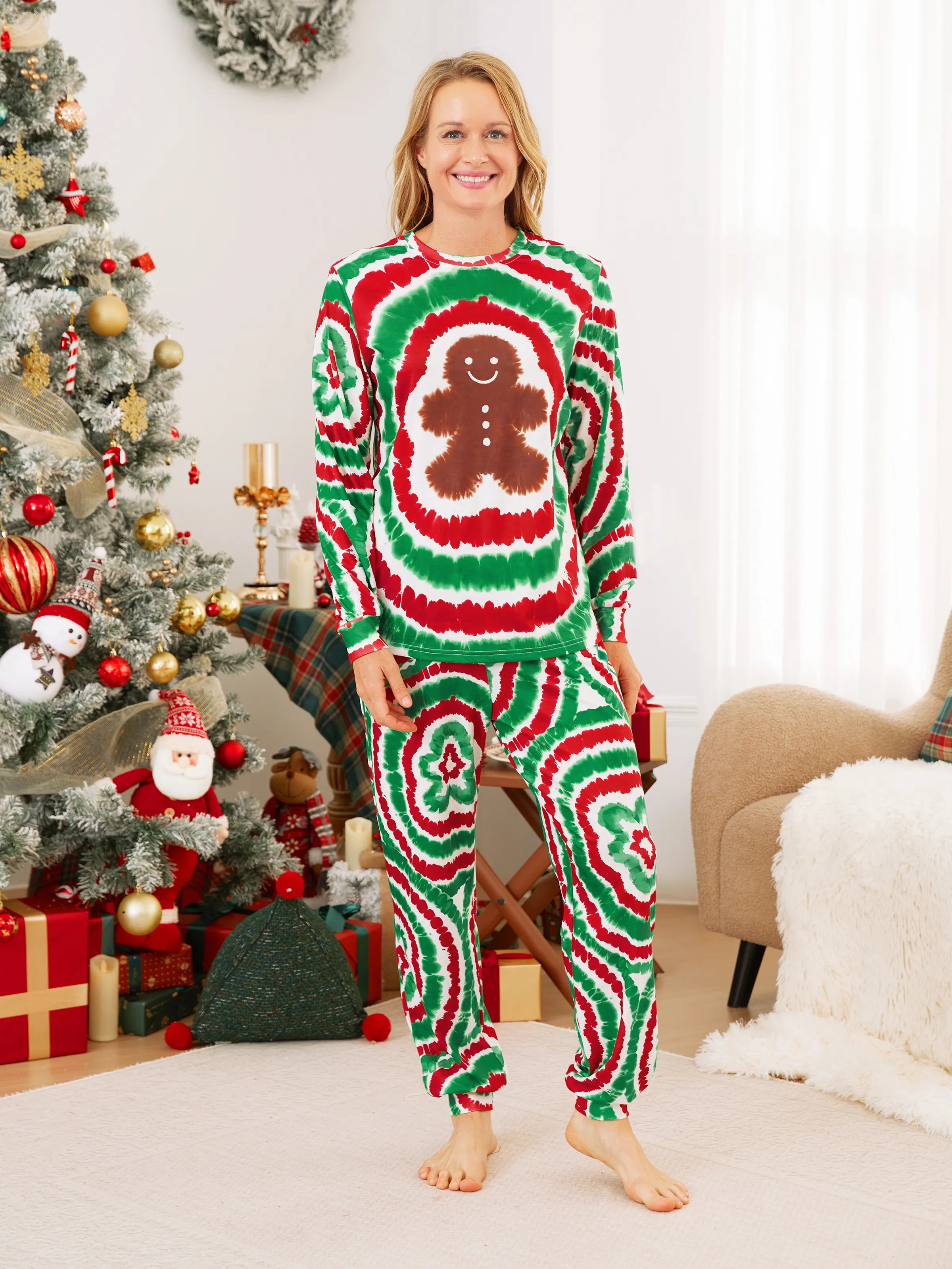Christmas Family Red&Green Tie-Dye Gingerbread Man Pajamas Sets with Christmas Socks MultiColour - XNAUWBI