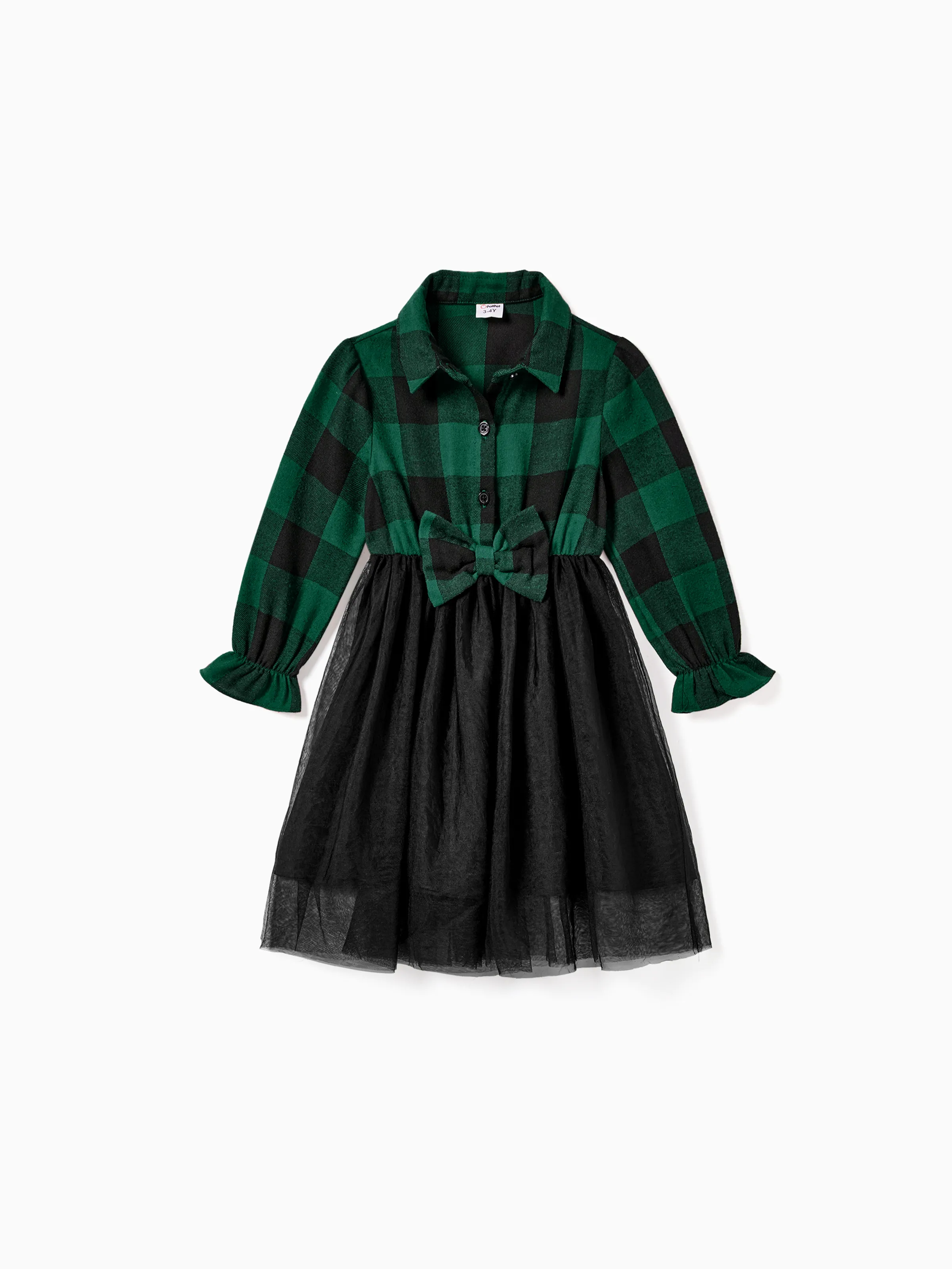 Family Matching Sets Green Plaid Long Sleeves Shirt or Tulle Mesh Dress DarkGreen - XNAUWBI