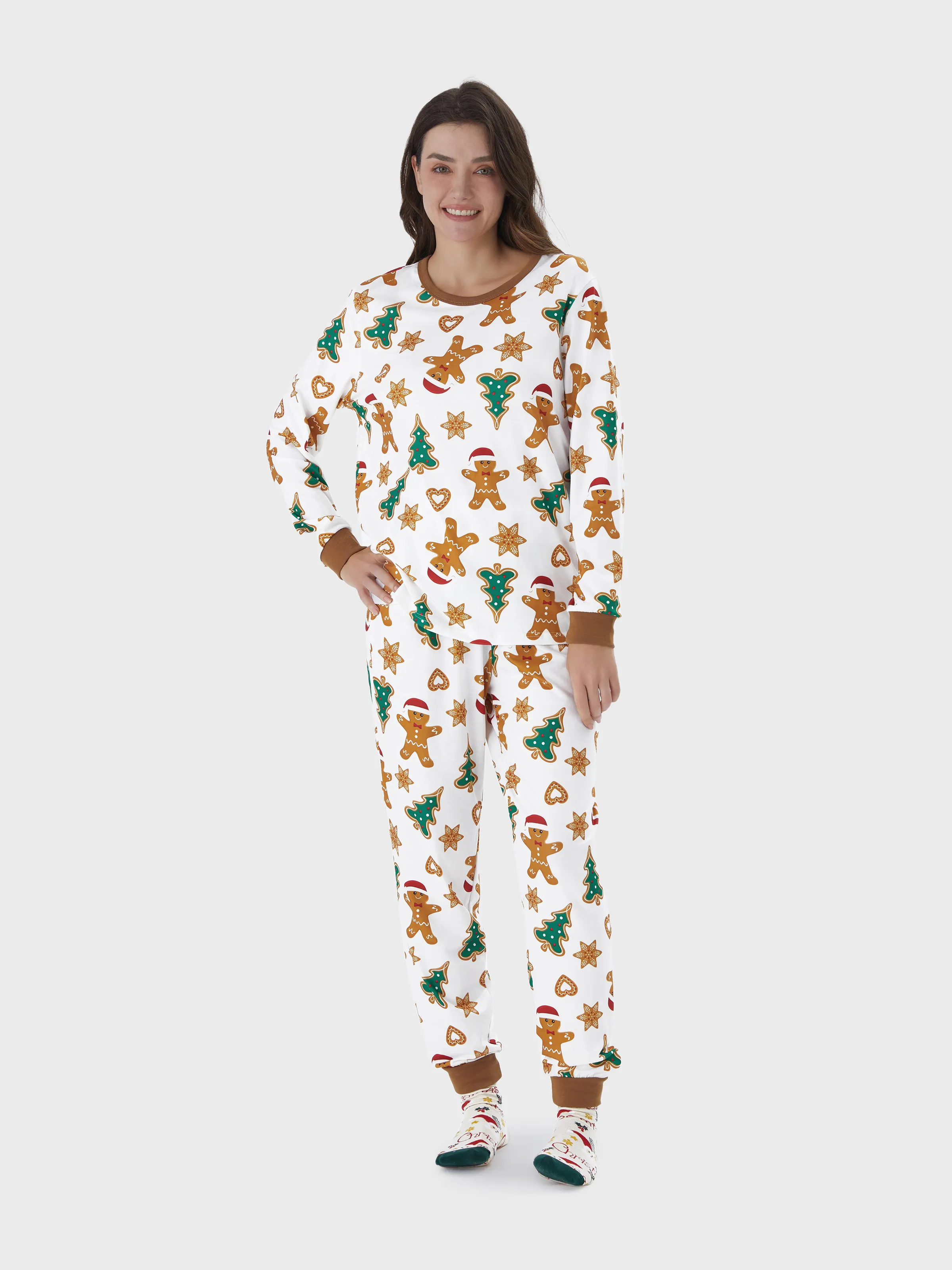 Christmas Family Matching Cartoon Gingerbread Man and Tree All-over Print Long-sleeve Pajamas Sets with Christmas Socks Coffee - XNAUWBI