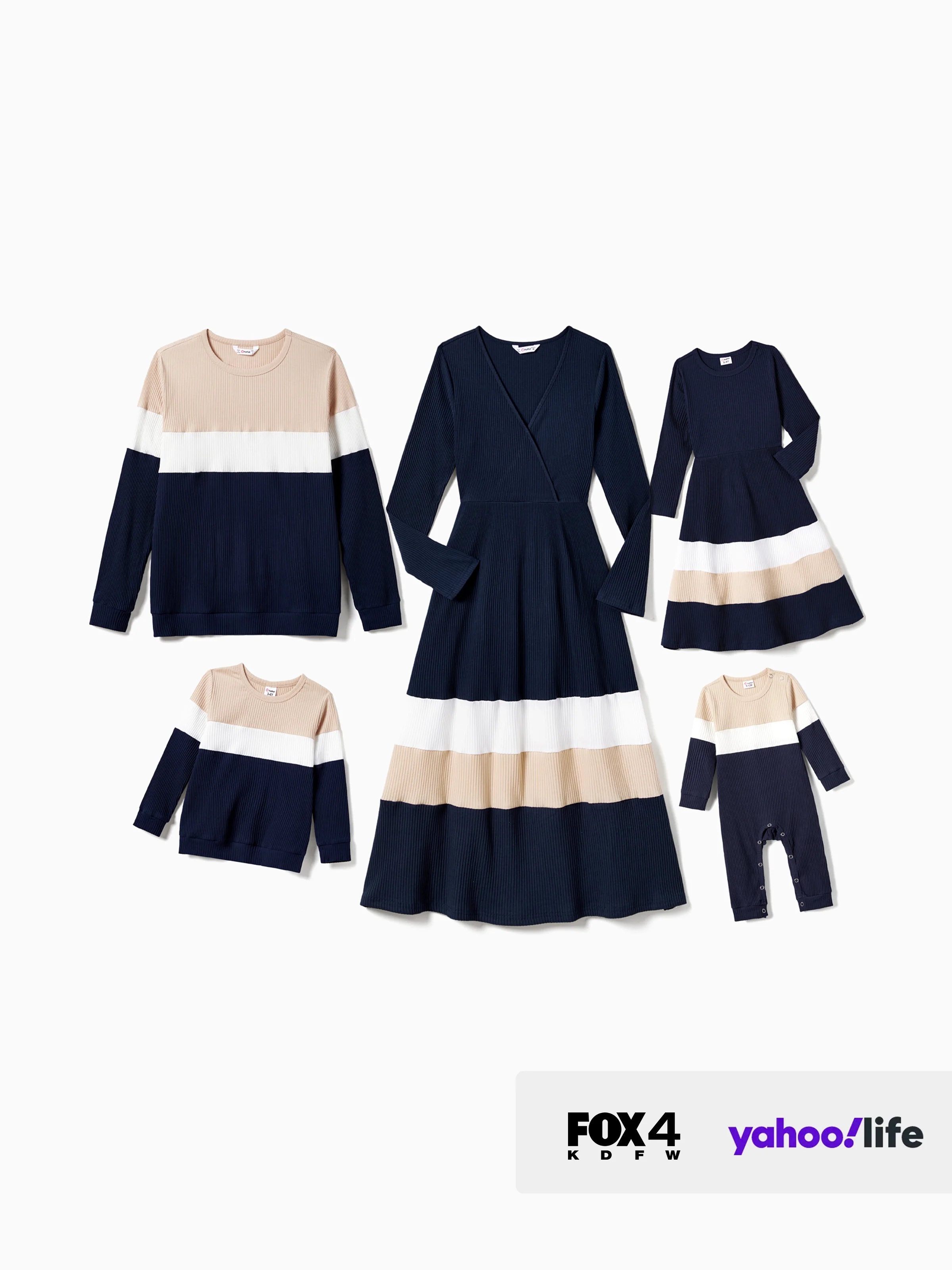 Family Matching Color-Block Knit Long-Sleeved Dresses And Tops Sets Multi-color - XNAUWBI