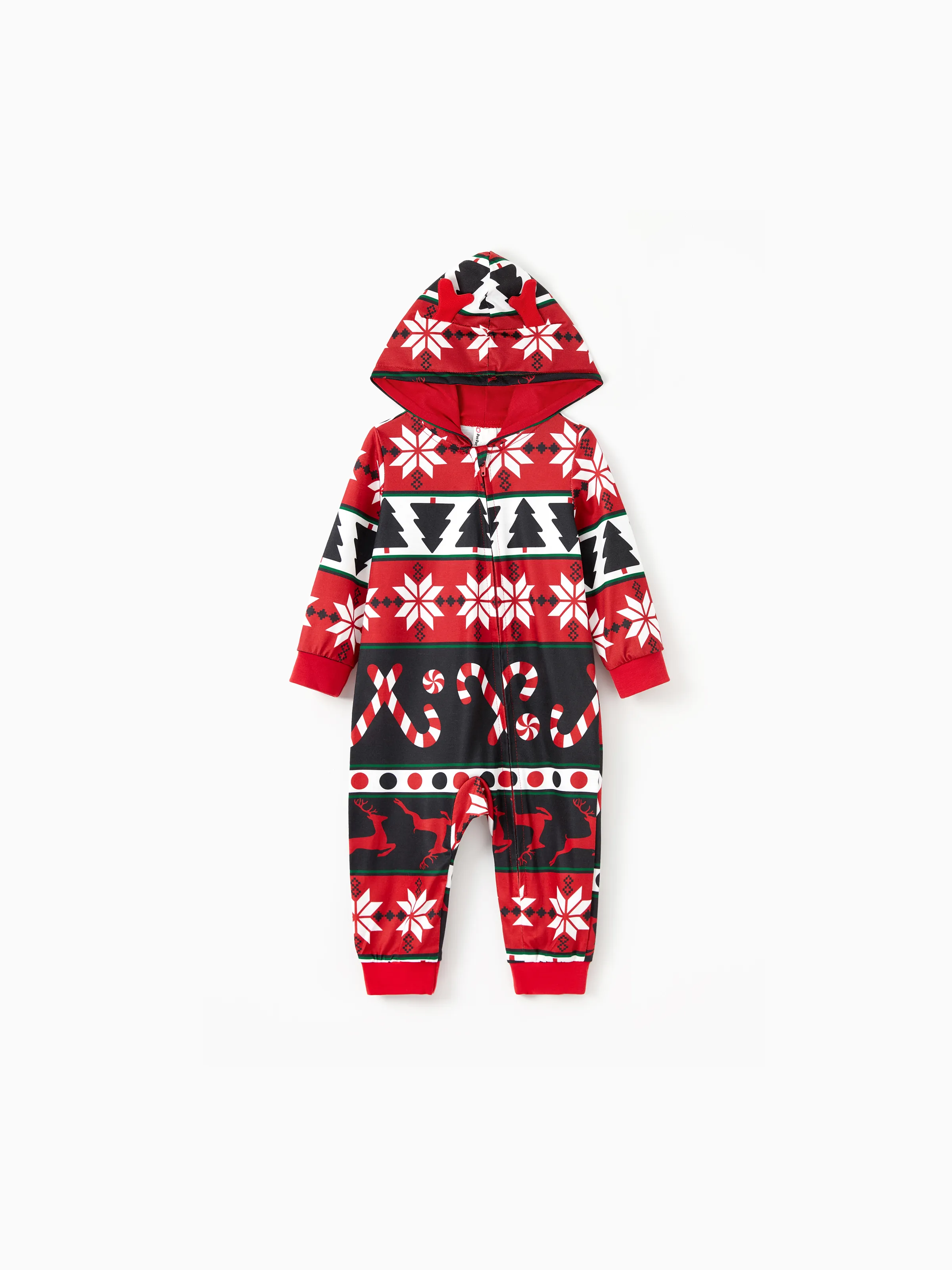 Christmas Pajamas 3D Reindeer Pattern Zipper Hooded Onesies Matching Family Outfits red/black - XNAUWBI