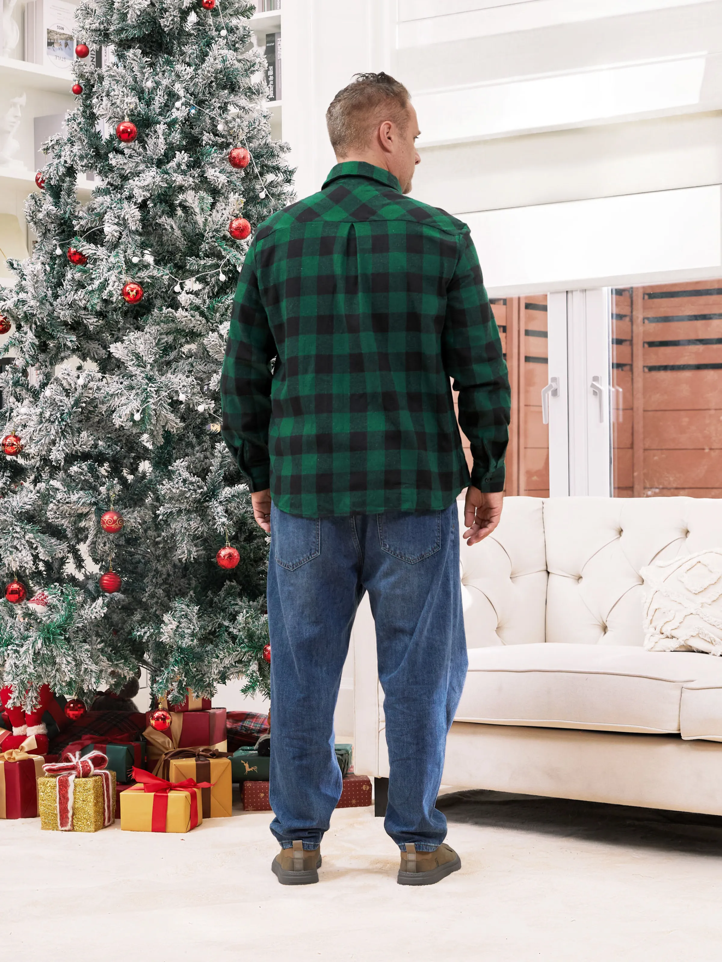 Family Matching Sets Green Plaid Long Sleeves Shirt or Tulle Mesh Dress DarkGreen - XNAUWBI