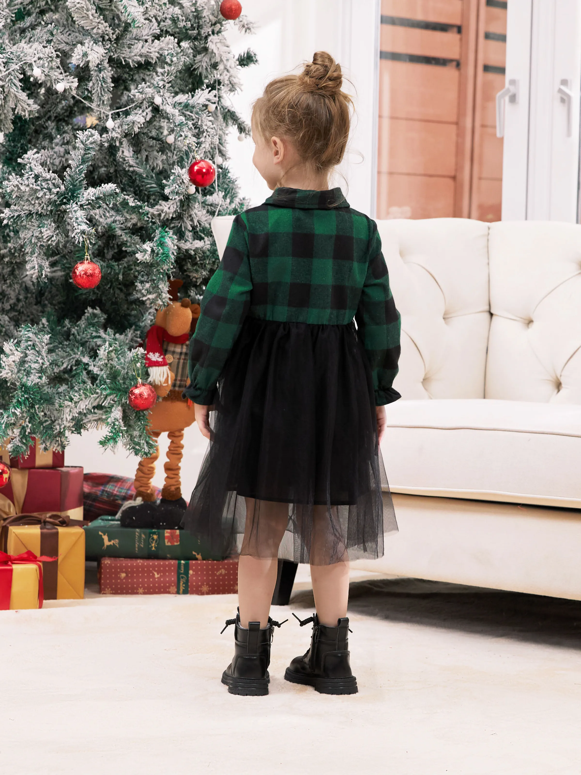 Family Matching Sets Green Plaid Long Sleeves Shirt or Tulle Mesh Dress DarkGreen - XNAUWBI
