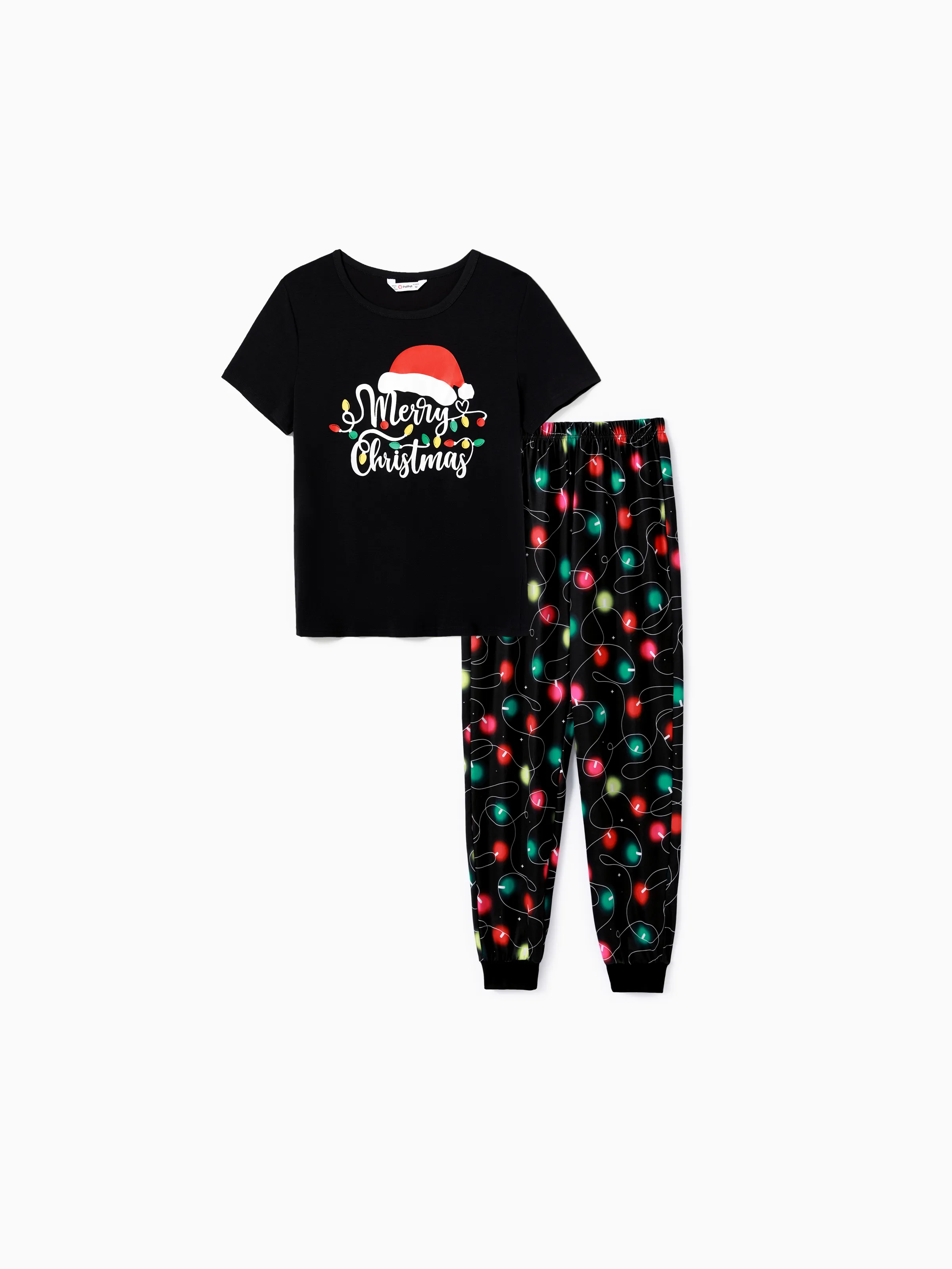 Christmas Family Matching Letters&Festive light bulb Print Short-sleeve Pajamas Sets Black - XNAUWBI