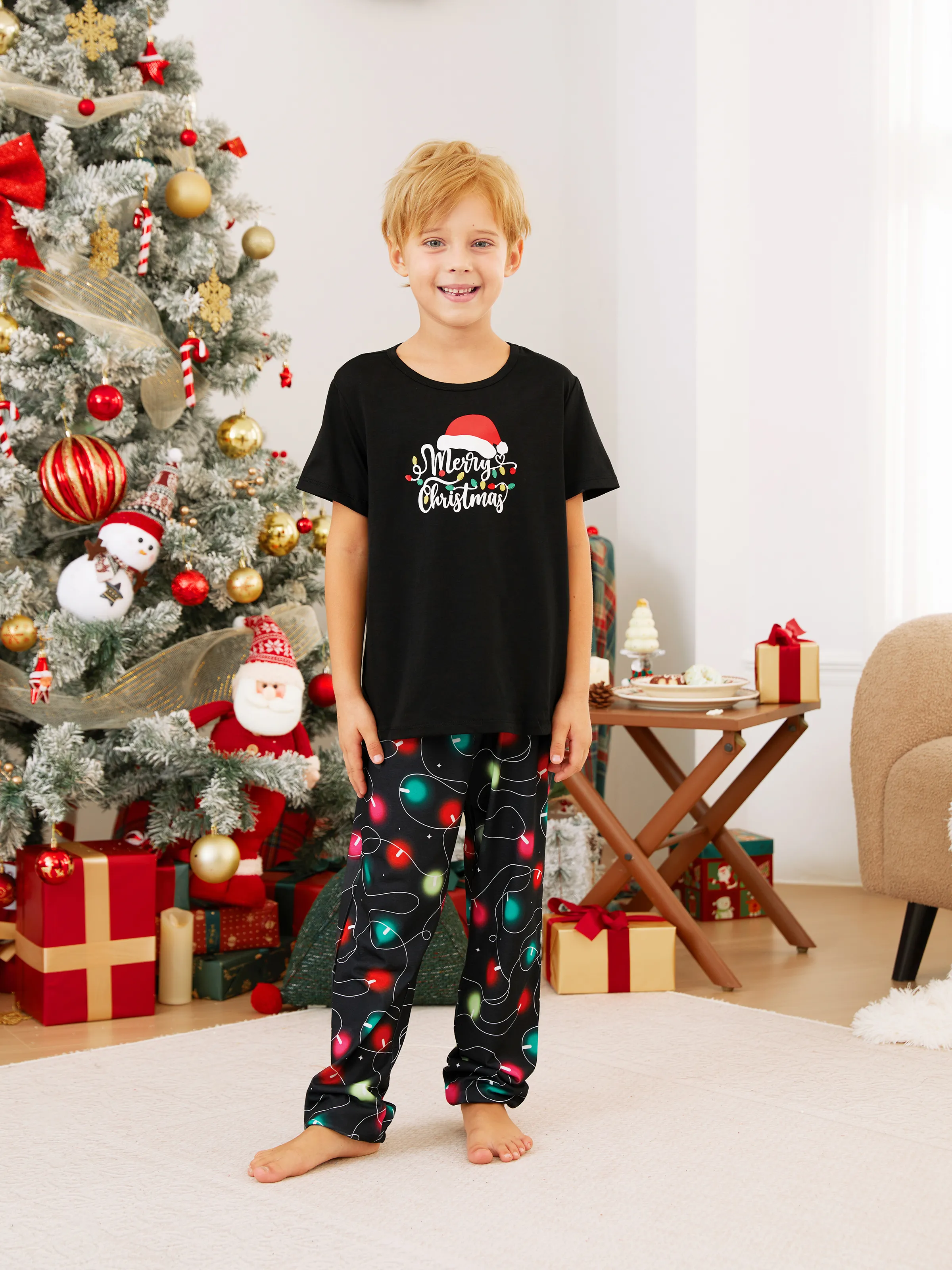 Christmas Family Matching Letters&Festive light bulb Print Short-sleeve Pajamas Sets Black - XNAUWBI