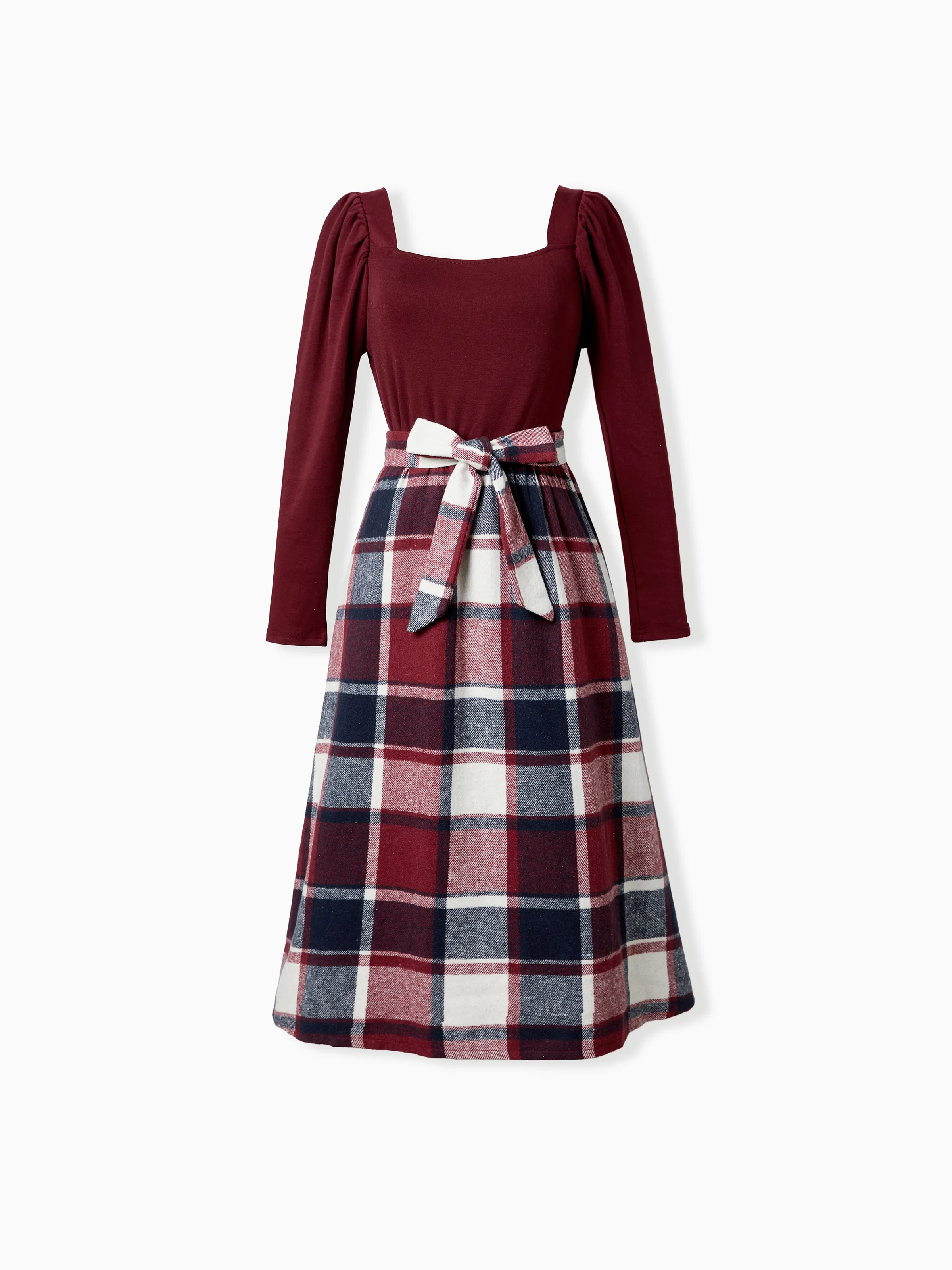 Family Matching Casual Long Sleeve Plaid Design Shirts and Knit Splicing Belted Dresses Sets WineRed - XNAUWBI