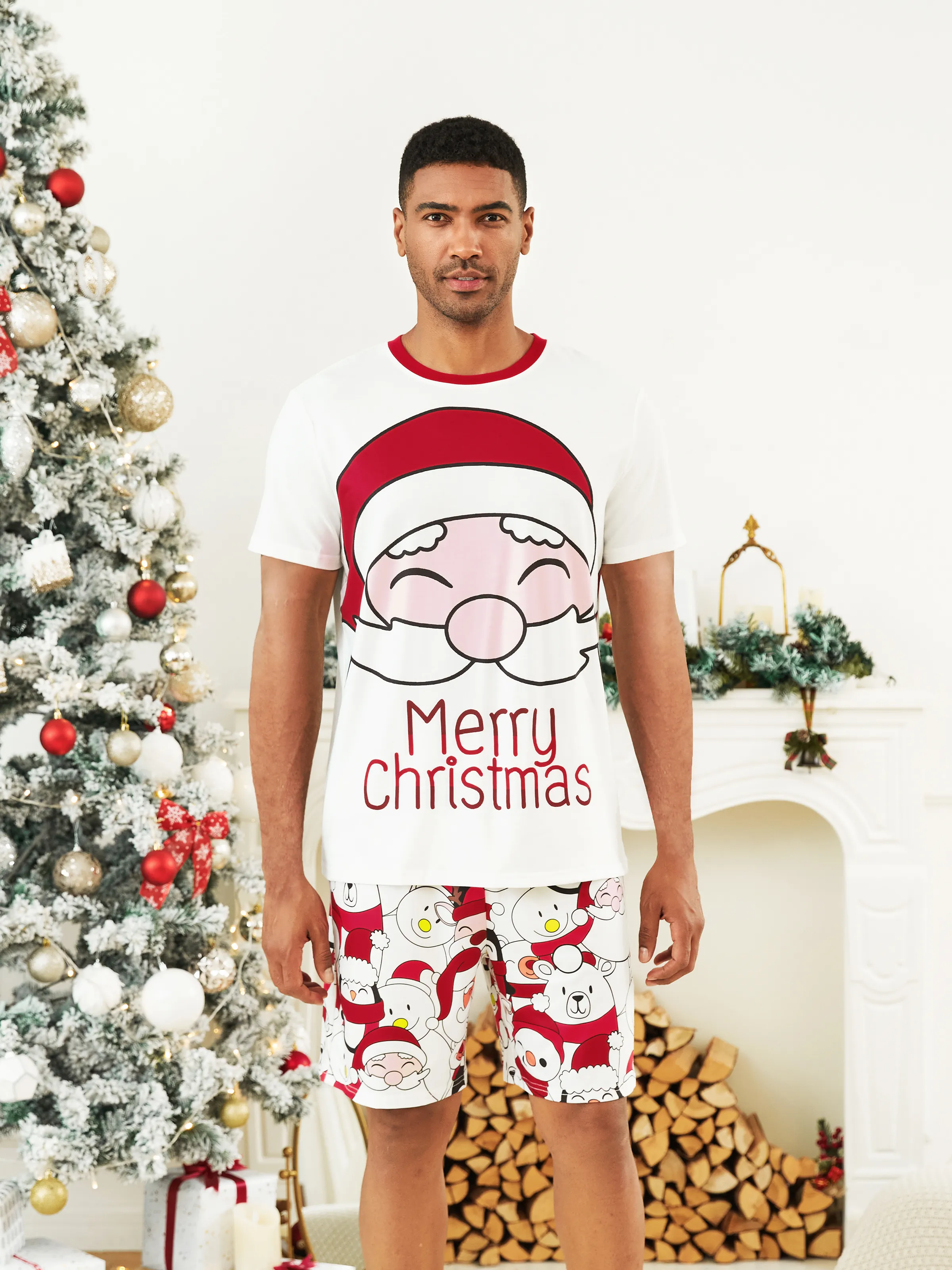 Christmas Santa and Snowman Print Family Matching Short-sleeve Tops and Shorts Pajamas Sets White - XNAUWBI