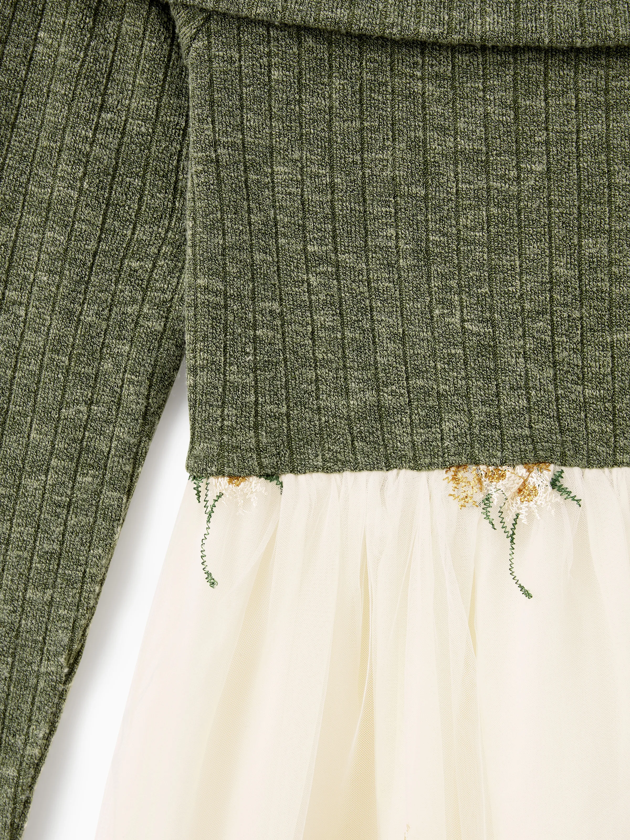 Family Matching Sets Green Long Sleeves Shirt or Ribbed Off-Shoulder Embroidered Tulle Dress Green - XNAUWBI