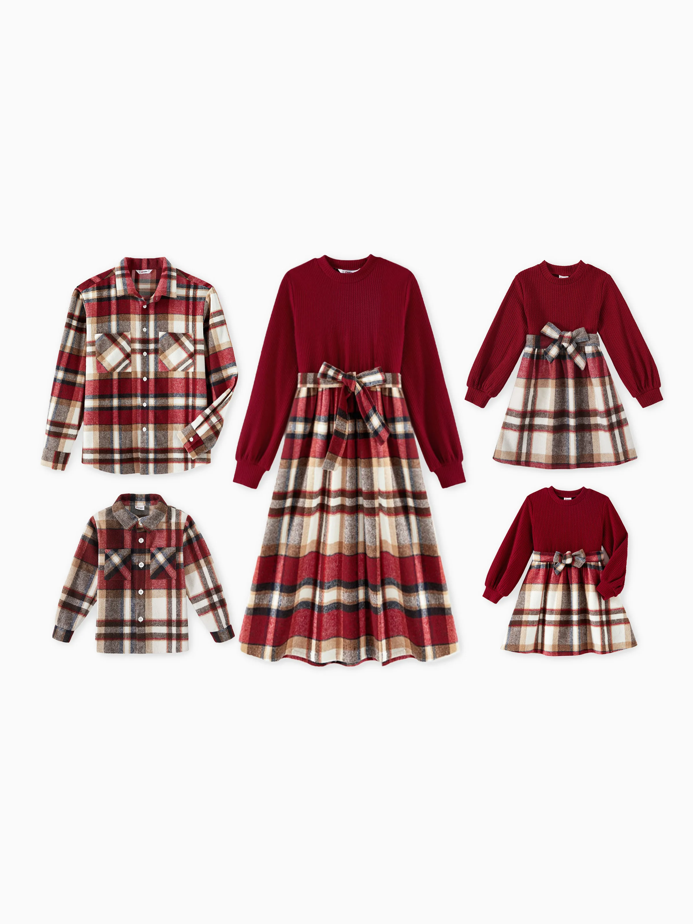 Family Matching Solid Ribbed Spliced Plaid Belted Dresses and Long-sleeve Button Up Shirts Sets MAROON - XNAUWBI