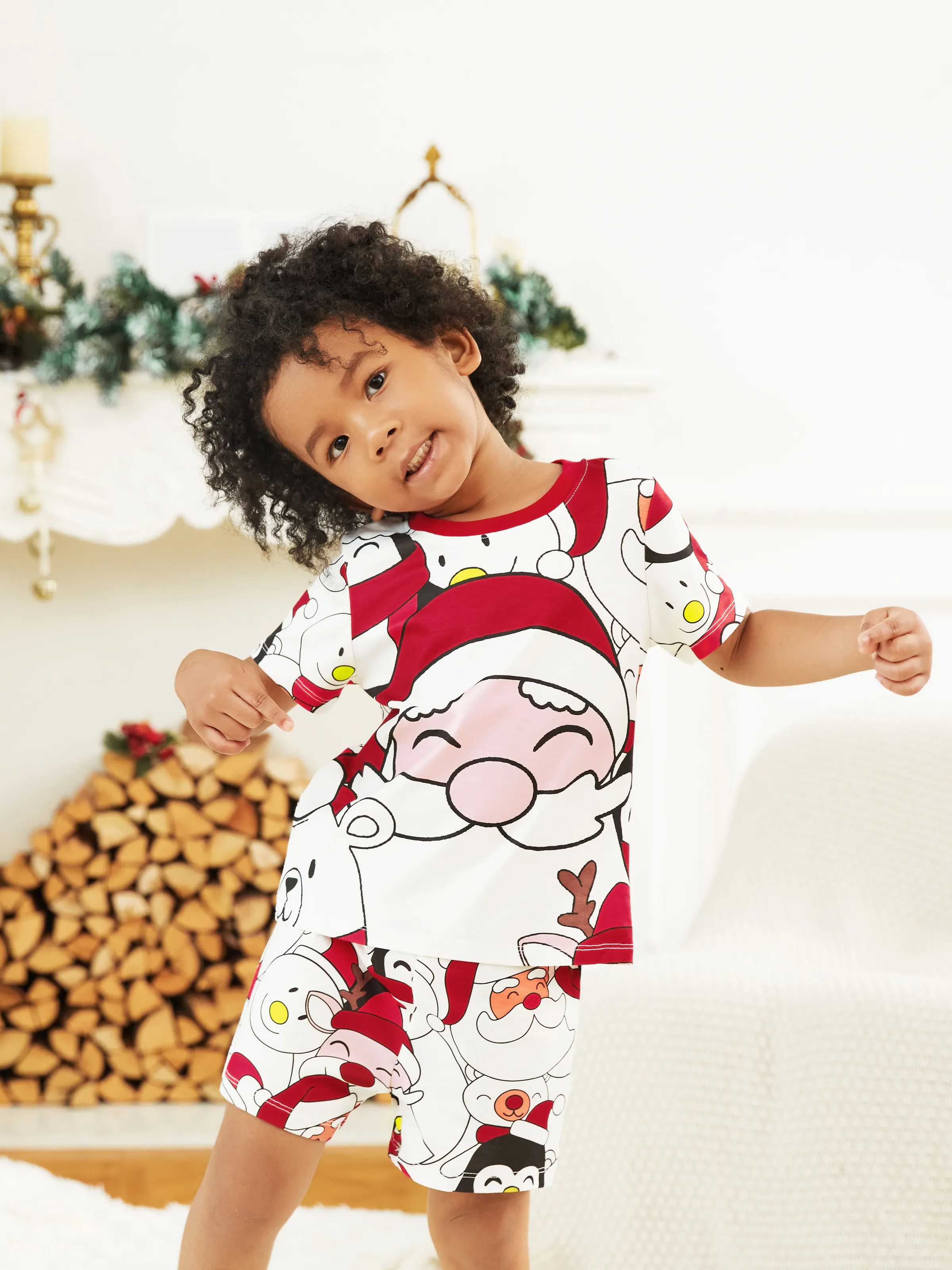 Christmas Santa and Snowman Print Family Matching Short-sleeve Tops and Shorts Pajamas Sets White - XNAUWBI