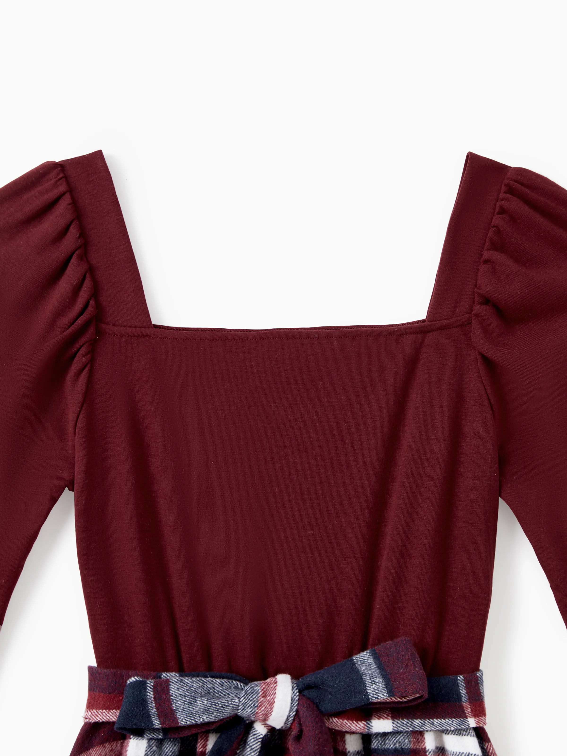 Family Matching Casual Long Sleeve Plaid Design Shirts and Knit Splicing Belted Dresses Sets WineRed - XNAUWBI