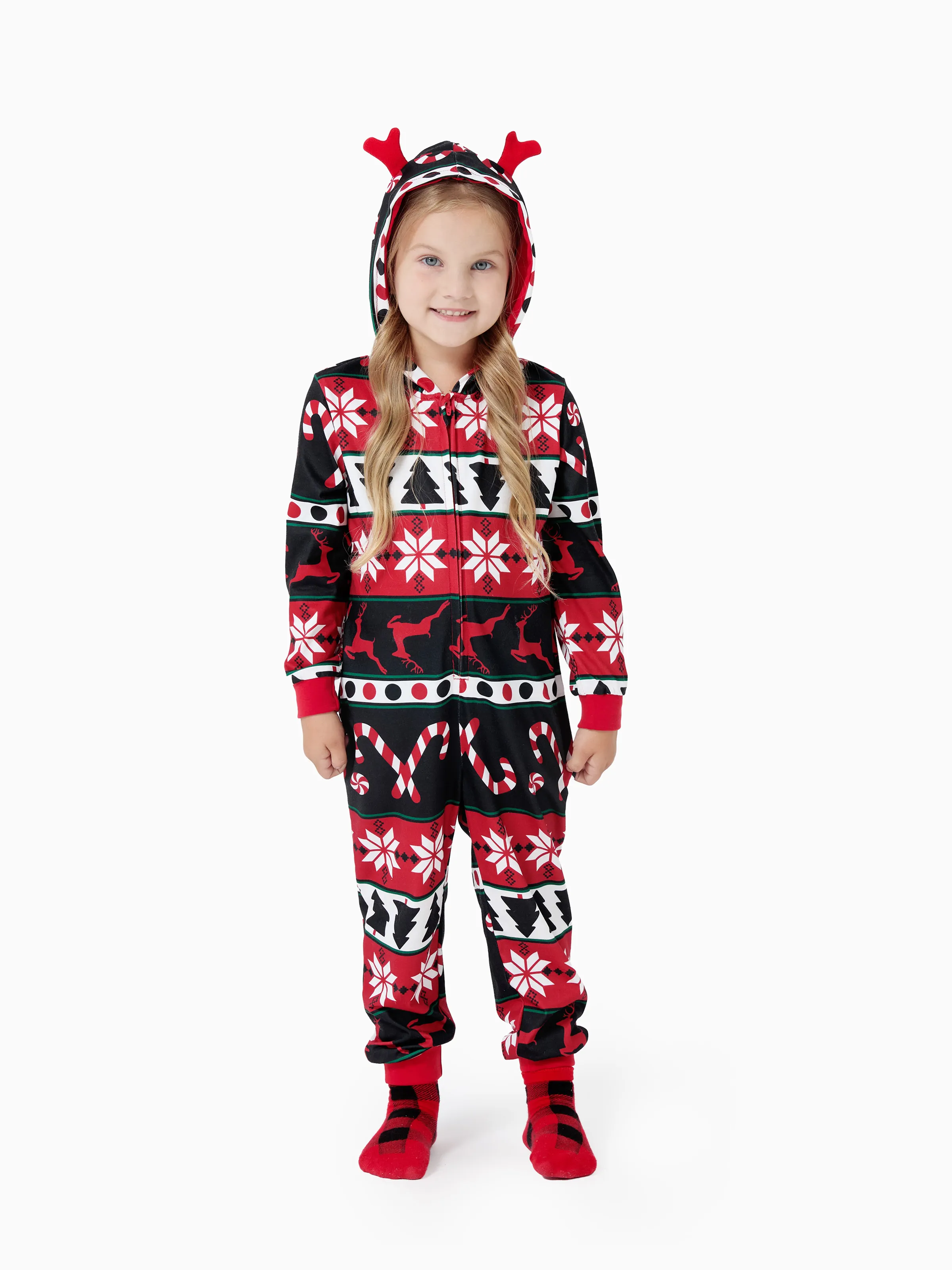 Christmas Pajamas 3D Reindeer Pattern Zipper Hooded Onesies Matching Family Outfits red/black - XNAUWBI