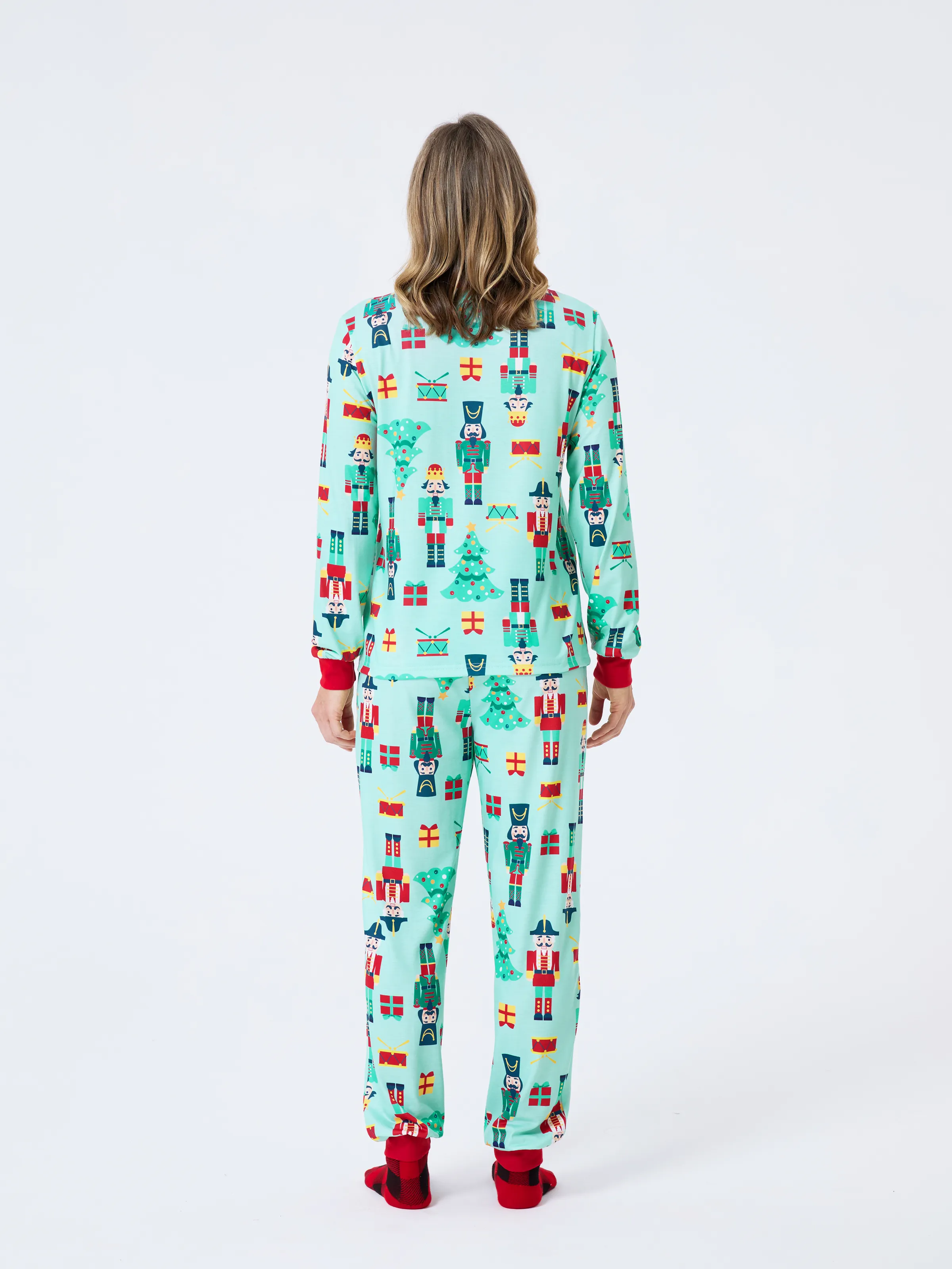Christmas Matching Family Pajamas Set Soldier and Christmas Tree Print PJS with Christmas Socks Pale Green - XNAUWBI