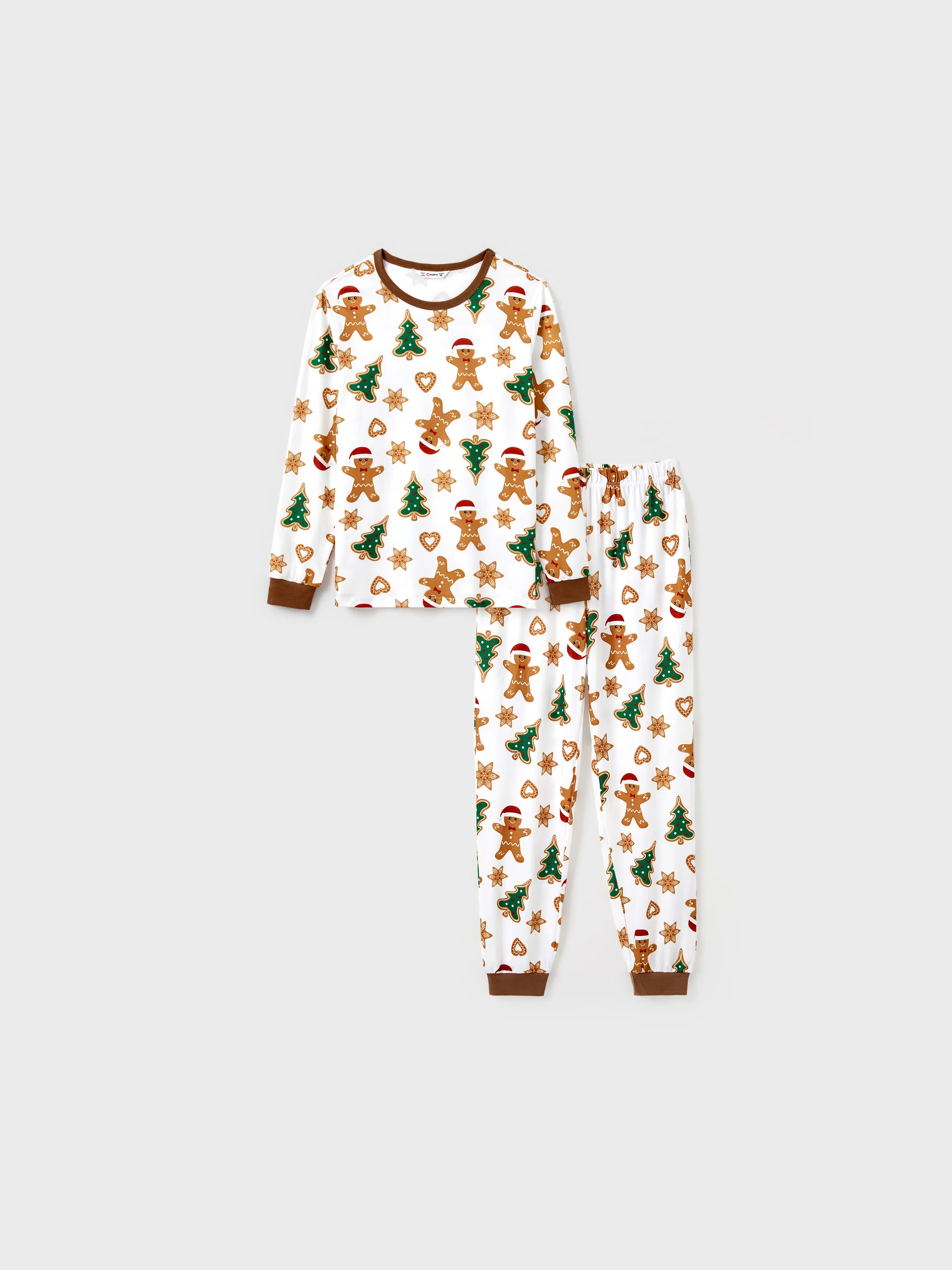 Christmas Family Matching Cartoon Gingerbread Man and Tree All-over Print Long-sleeve Pajamas Sets with Christmas Socks Coffee - XNAUWBI