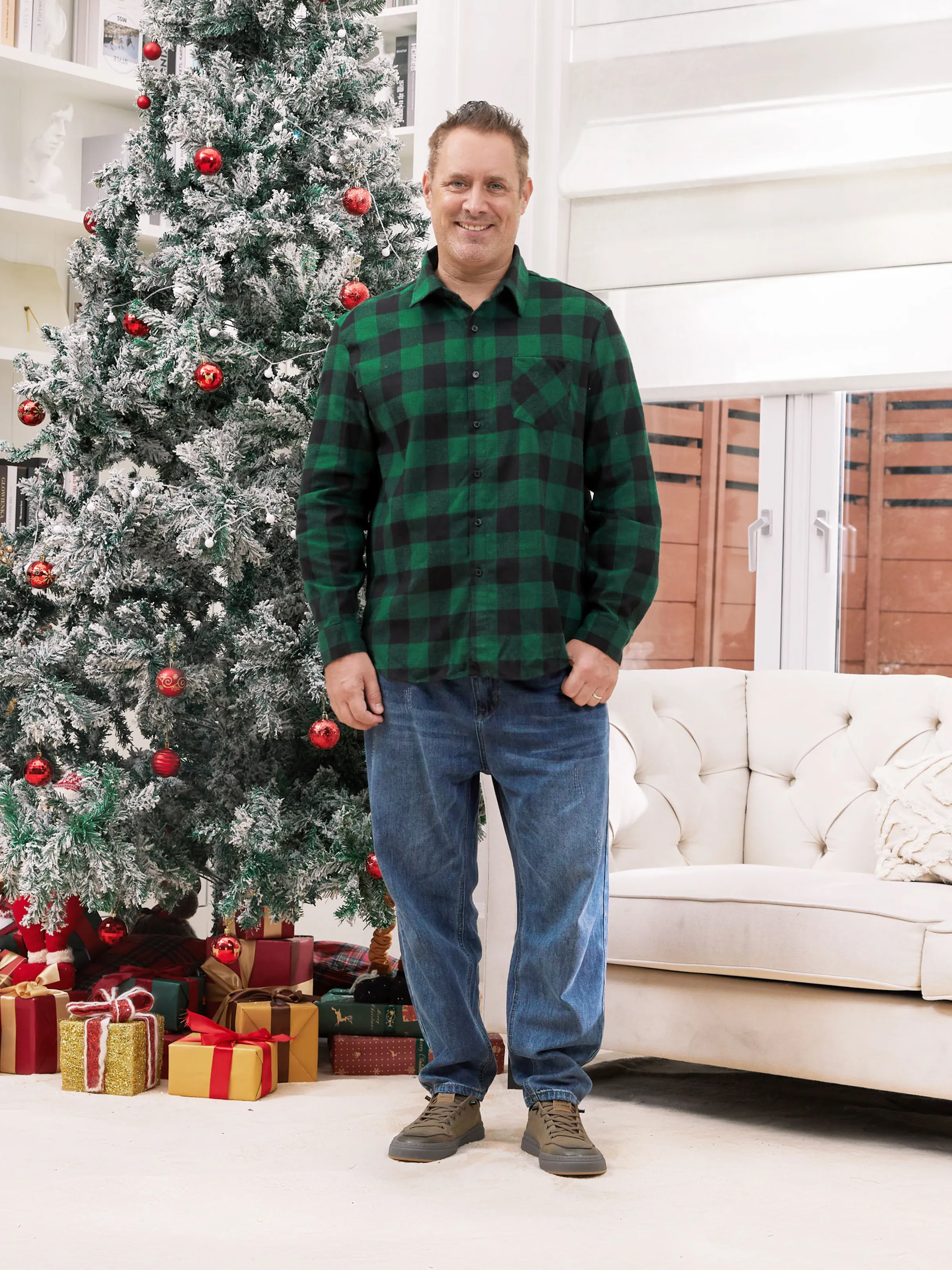 Family Matching Sets Green Plaid Long Sleeves Shirt or Tulle Mesh Dress DarkGreen - XNAUWBI