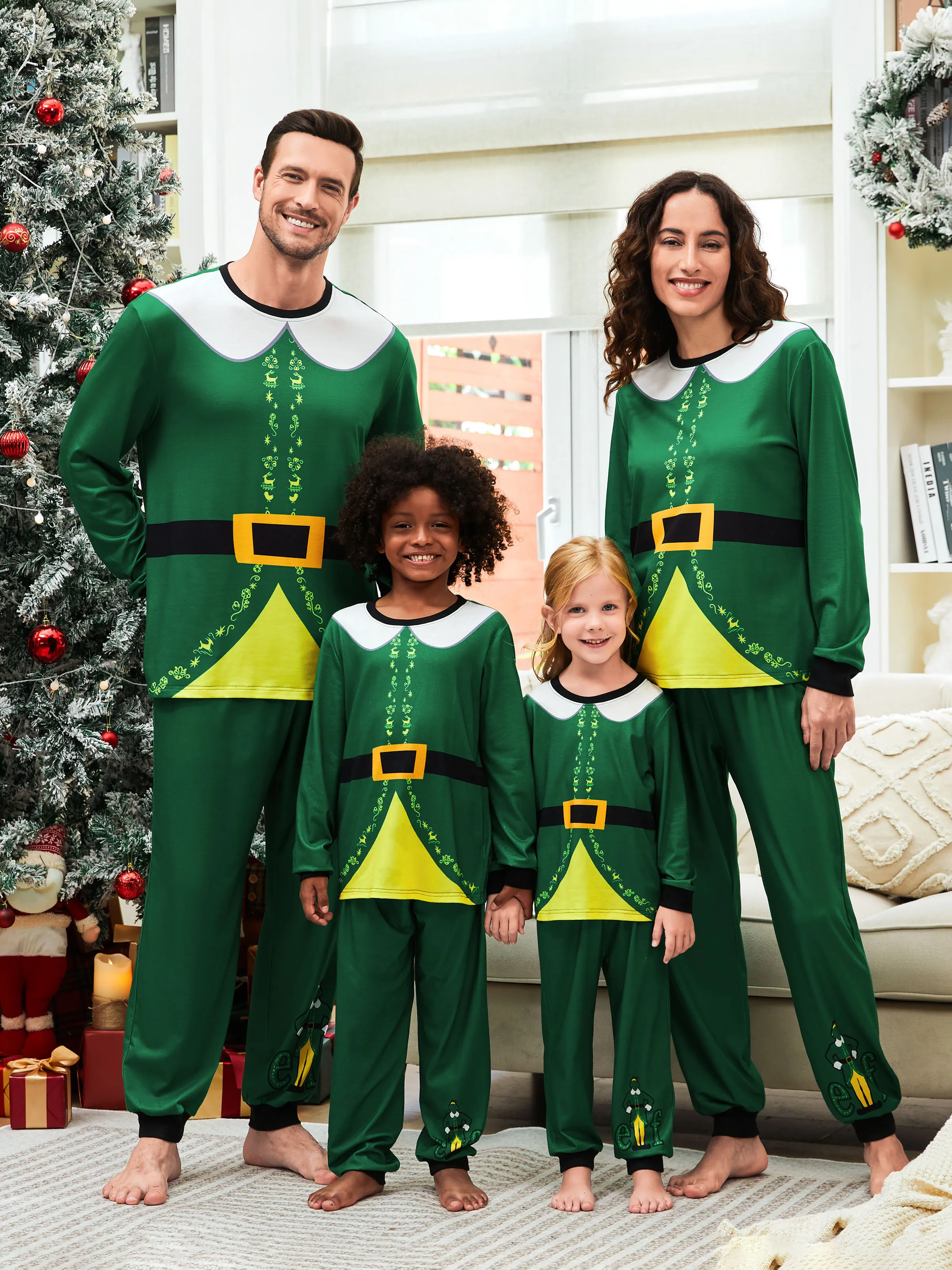 ELF Christmas Family Matching Belt and Collar Pajamas Sets with Christmas Socks - XNAUWBI