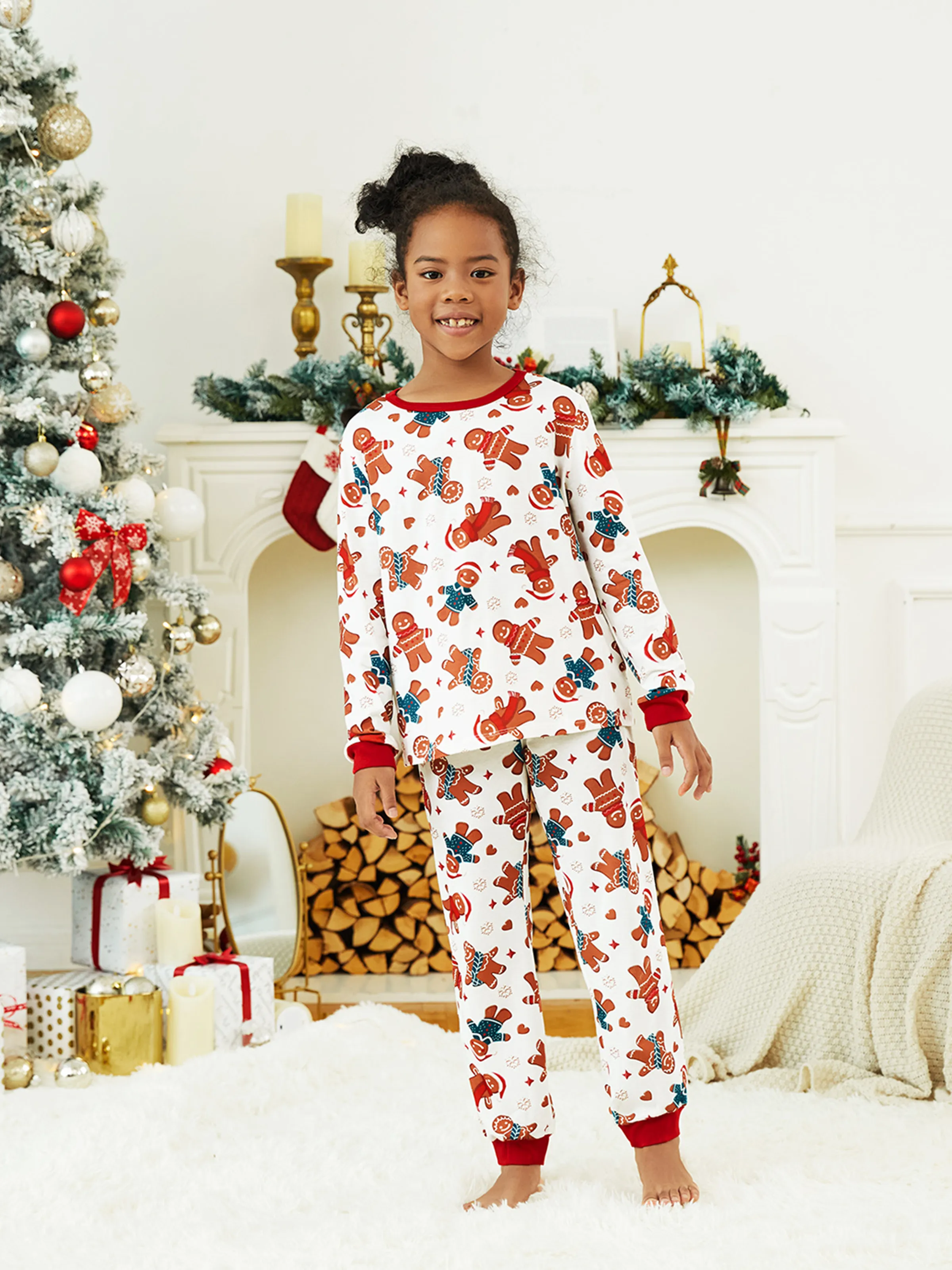 Christmas Family Matching Cartoon Gingerbread Man Allover Print Pajamas Sets with Christmas Socks White - XNAUWBI
