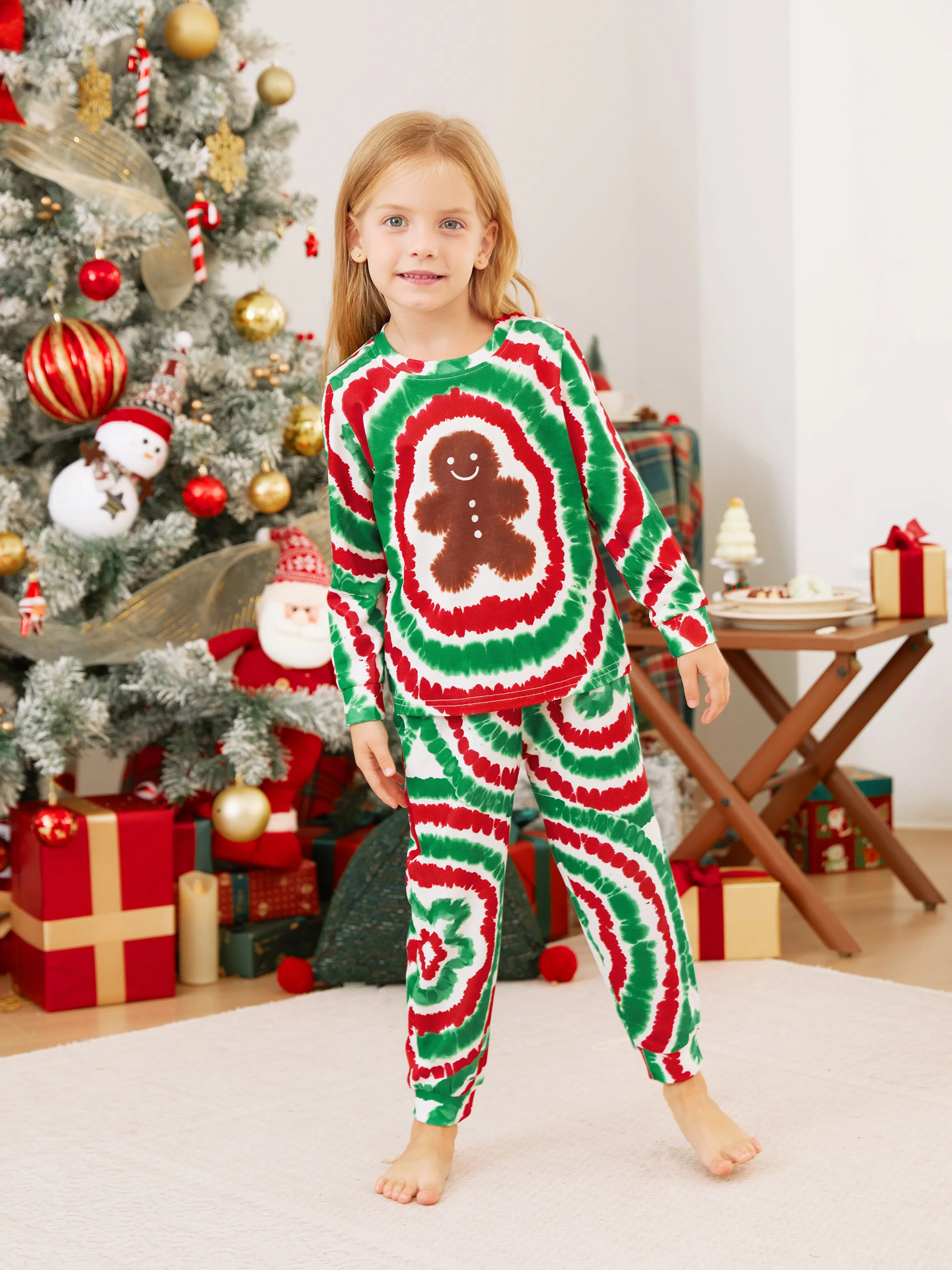 Christmas Family Red&Green Tie-Dye Gingerbread Man Pajamas Sets with Christmas Socks MultiColour - XNAUWBI