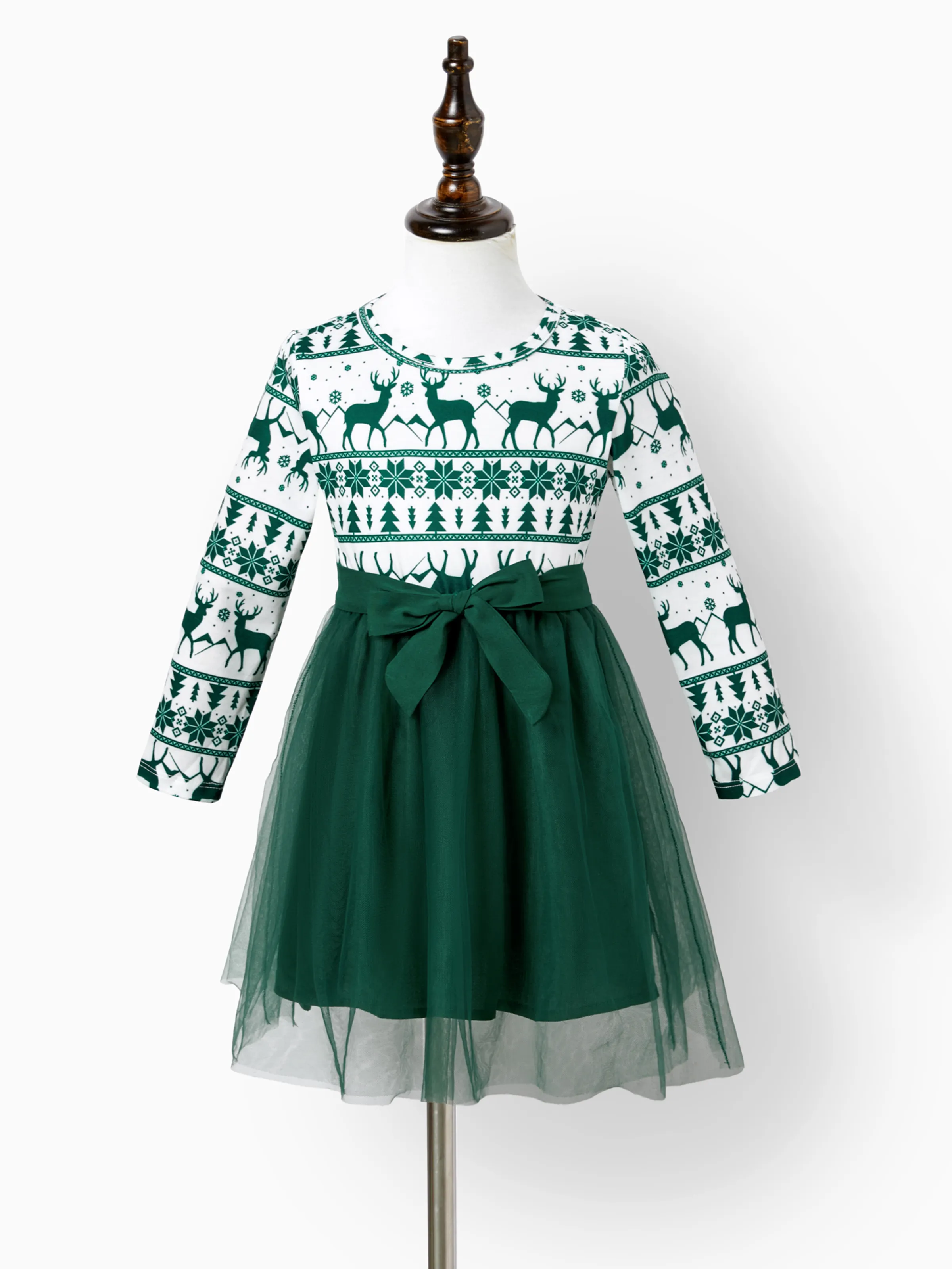 Christmas Family Matching Green Festival Theme Print Tops and Mesh Splicing Dresses Sets Green - XNAUWBI