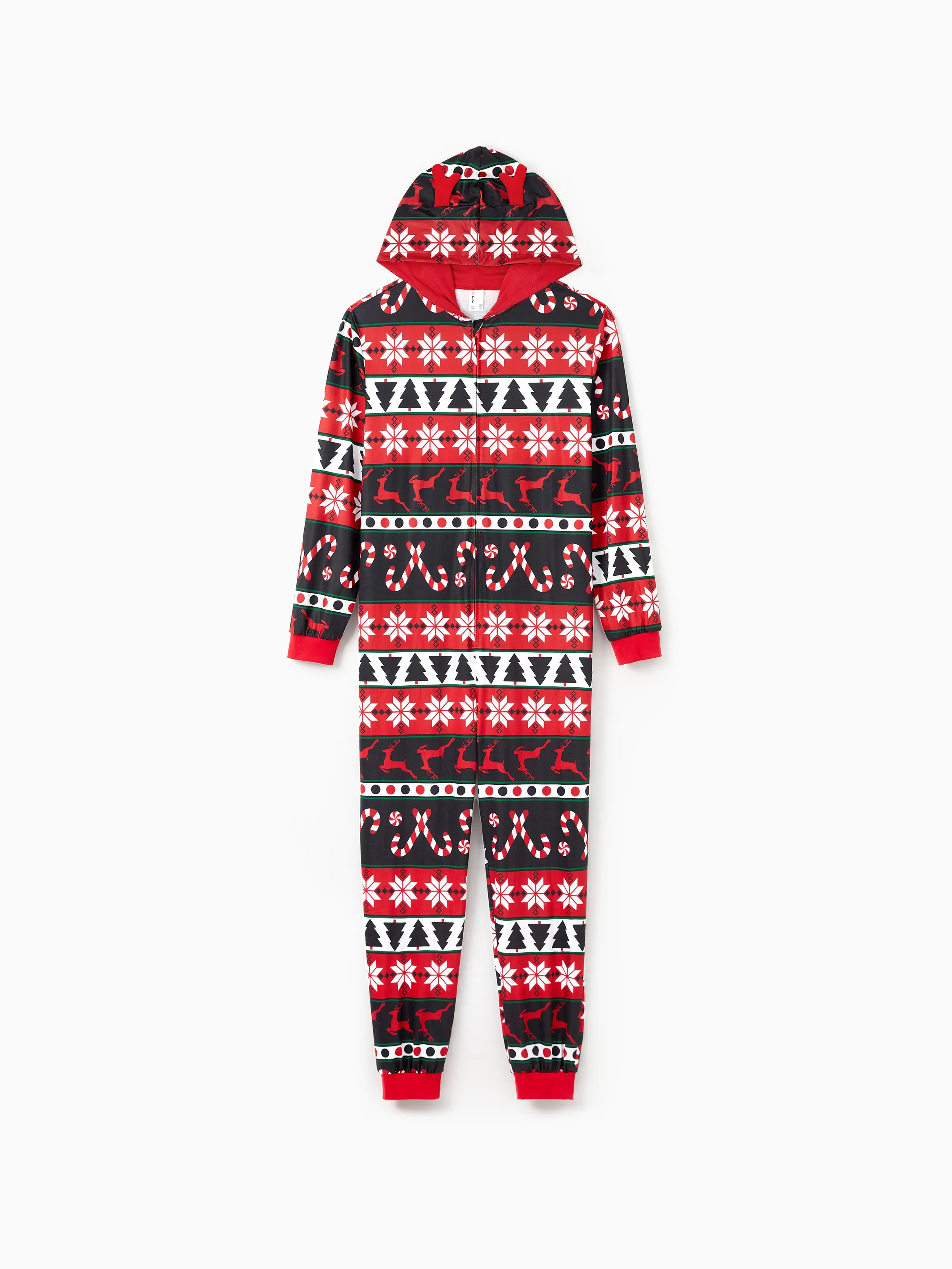 Christmas Pajamas 3D Reindeer Pattern Zipper Hooded Onesies Matching Family Outfits red/black - XNAUWBI