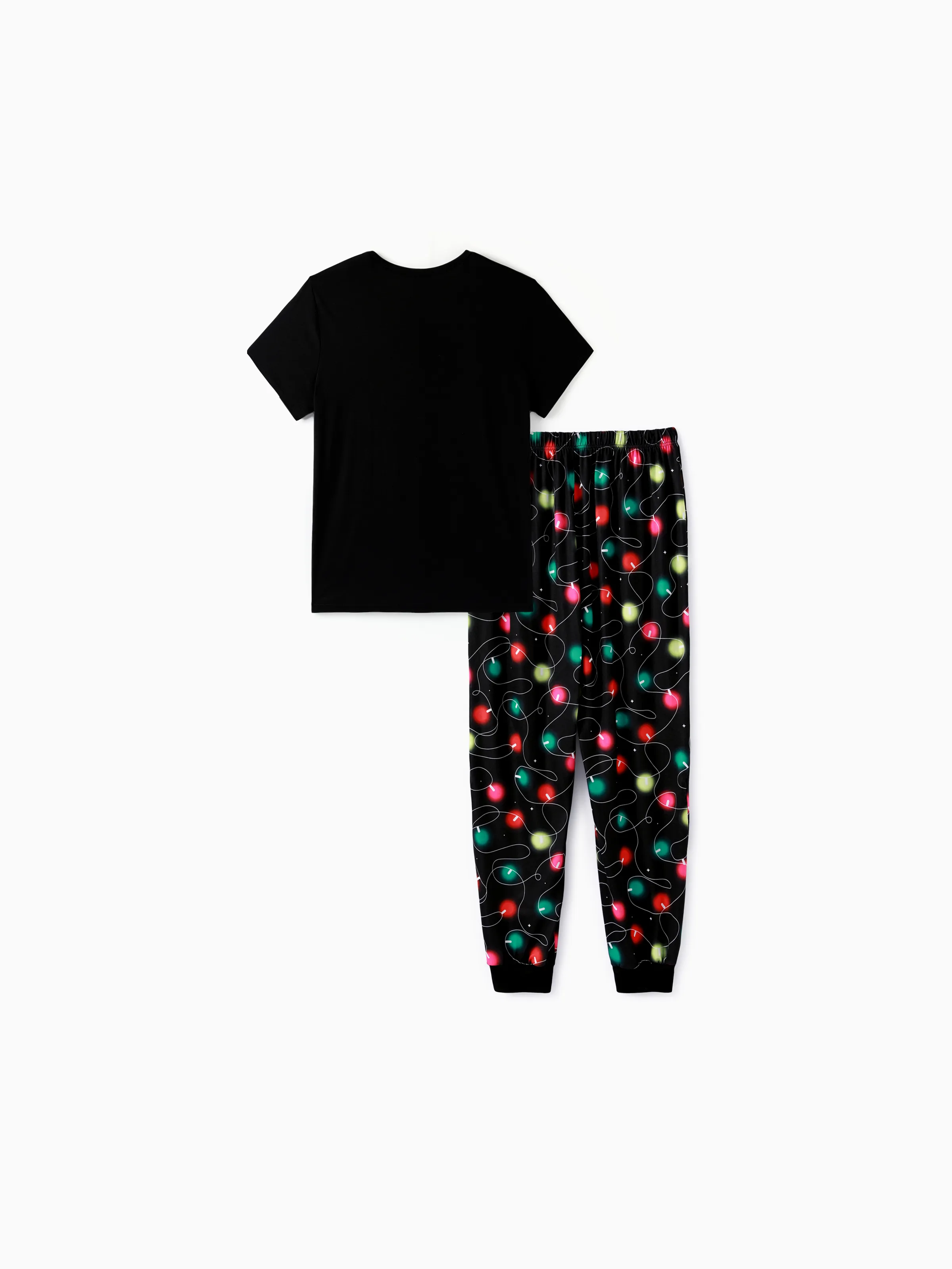 Christmas Family Matching Letters&Festive light bulb Print Short-sleeve Pajamas Sets Black - XNAUWBI