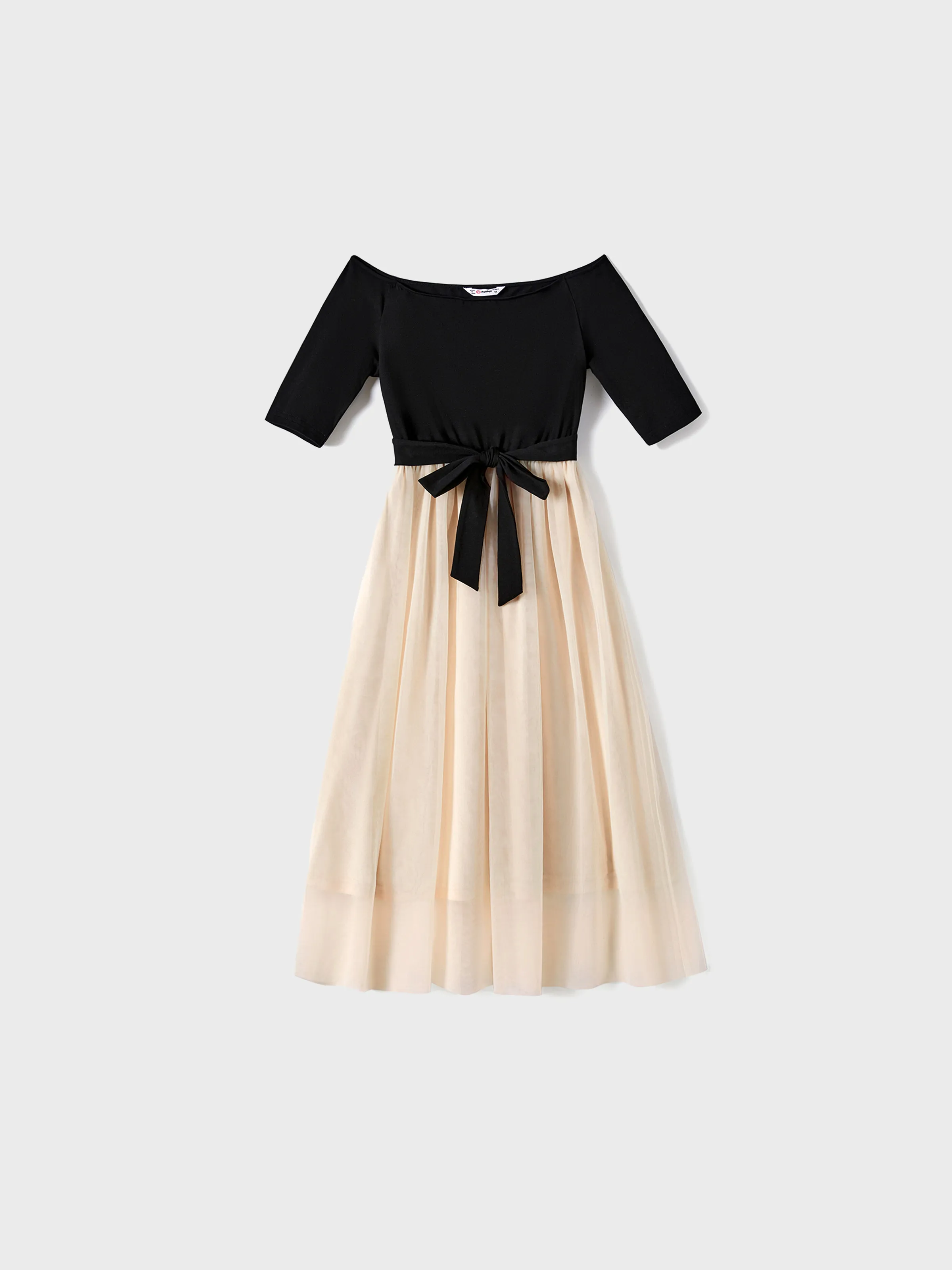 Family Matching Black-Almond Mesh Skirt and Classic Round Neck Long Sleeve Tops Sets Black - XNAUWBI