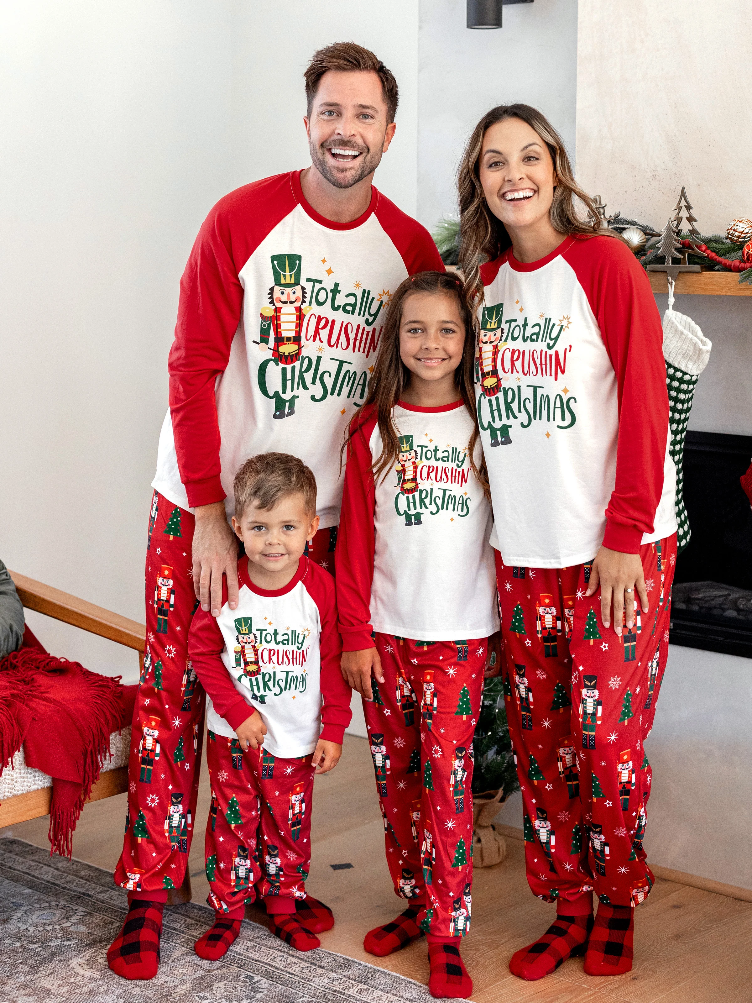 Christmas Matching Family Pajamas Set Nutcracker Print PJS with Christmas Socks Red - XNAUWBI